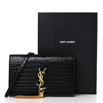 Saint Laurent Calfskin Crocodile Embossed Kate Monogram Tassel Chain Wallet Black 11 of 11
