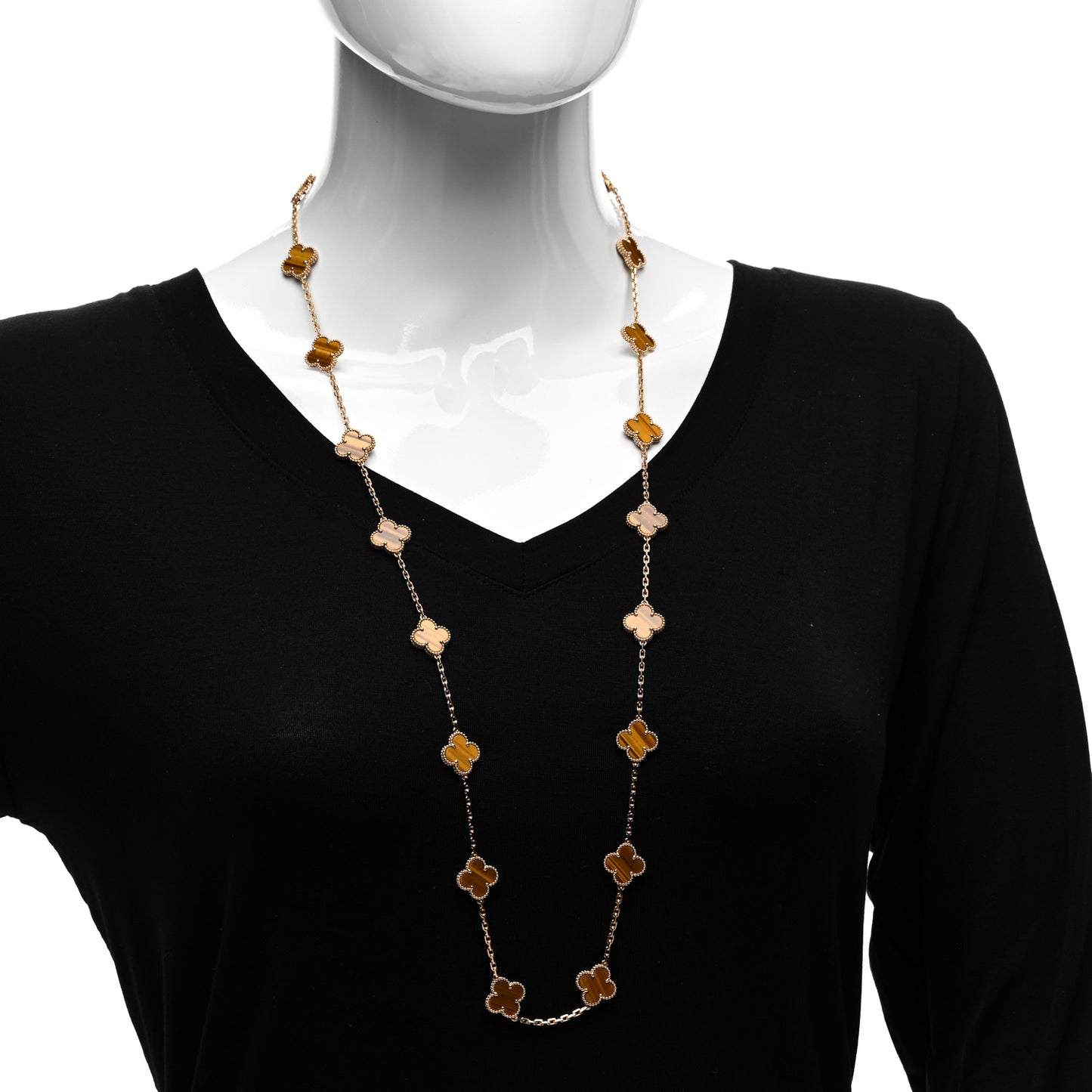 18K Yellow Gold Tiger Eye 20 Motifs Vintage Alhambra Necklace