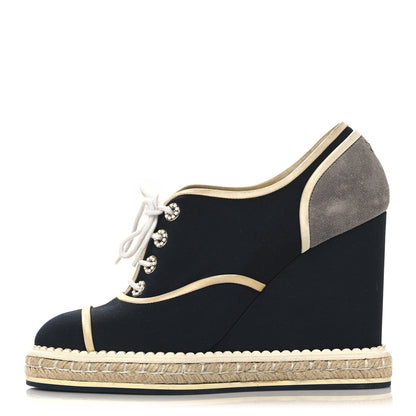 Chanel Silk Crepe Suede Calfskin Lace Up Wedge Espadrilles 39 Navy Grey 1 of 8