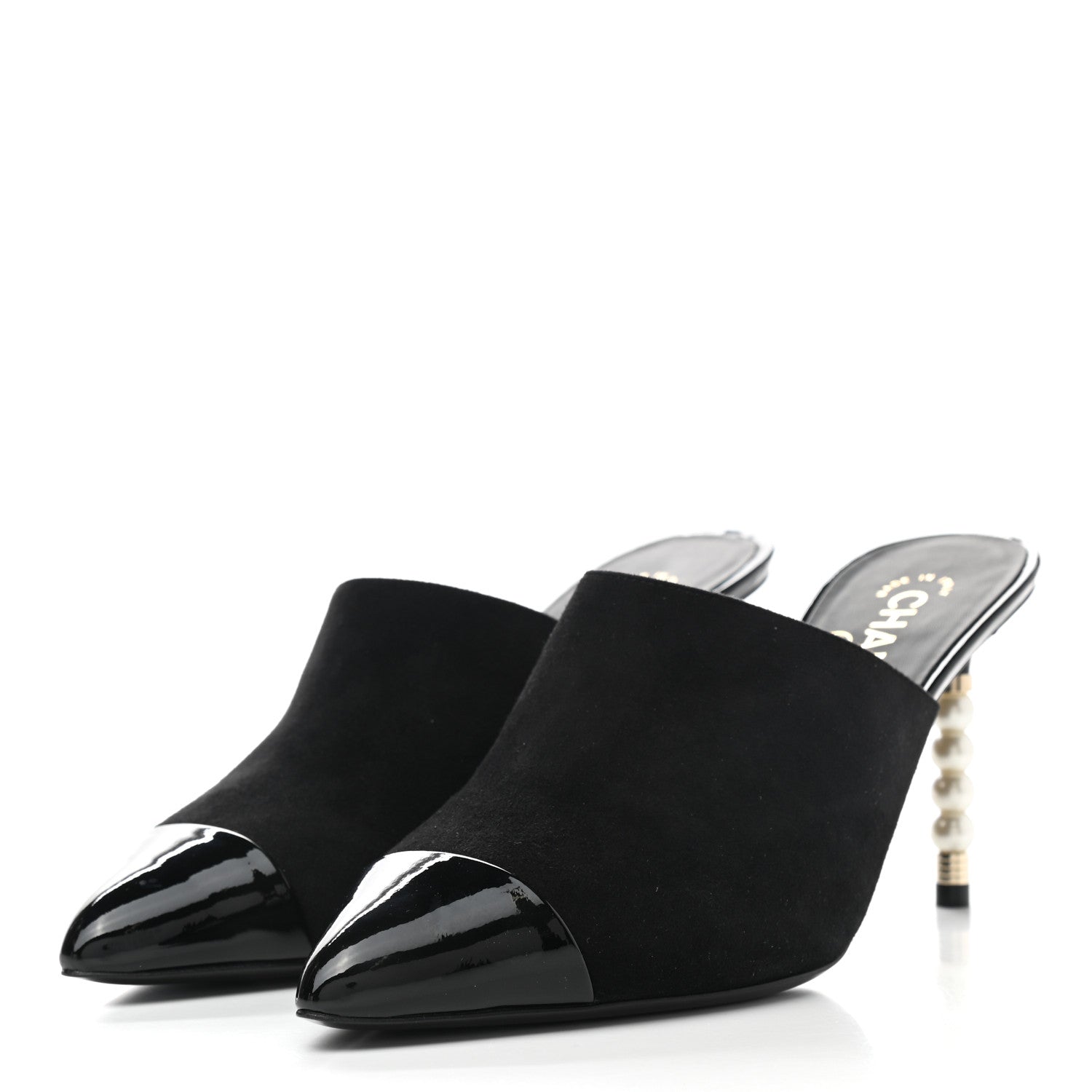 Chanel Suede Patent Calfskin Cap Toe Pearl Mule 39 Black 3 of 9