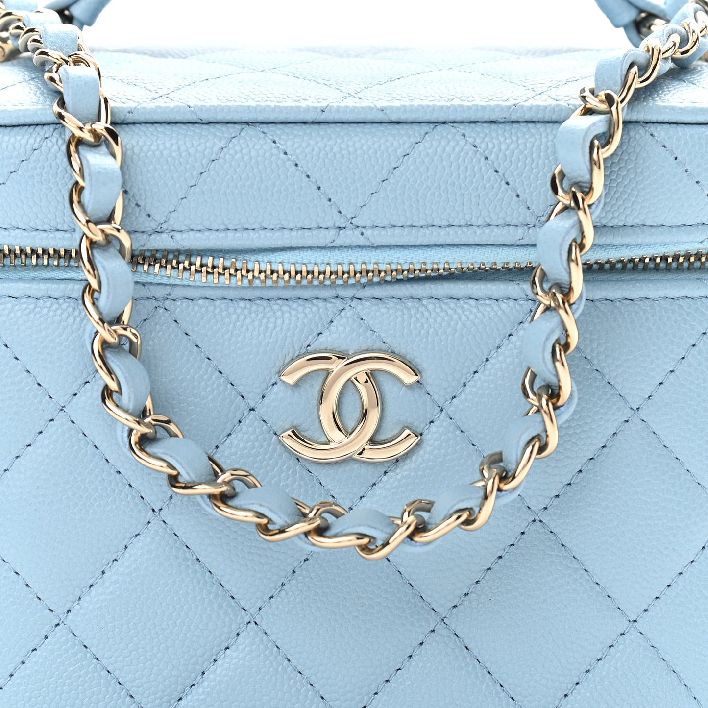 Caviar Quilted Top Handle Vanity Case With Chain Blue