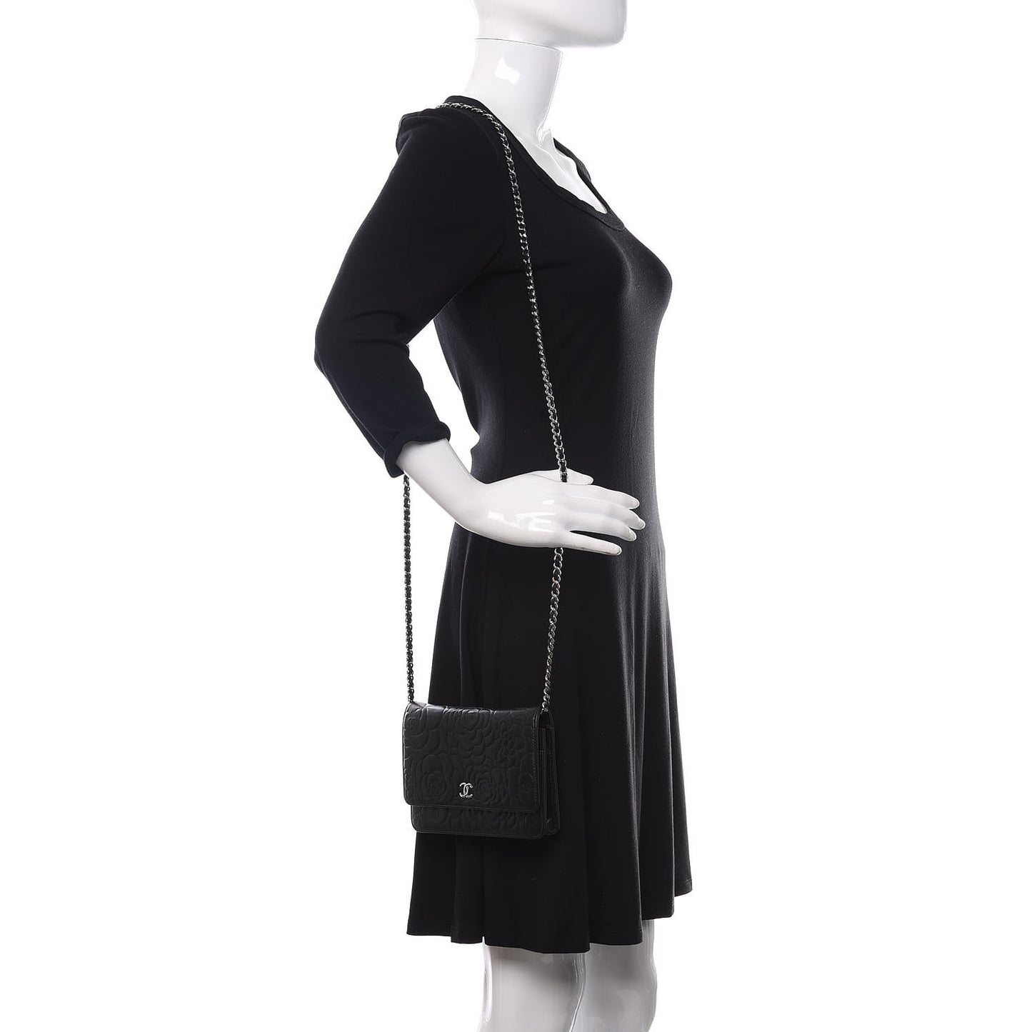Lambskin Camellia Embossed Wallet on Chain WOC Black