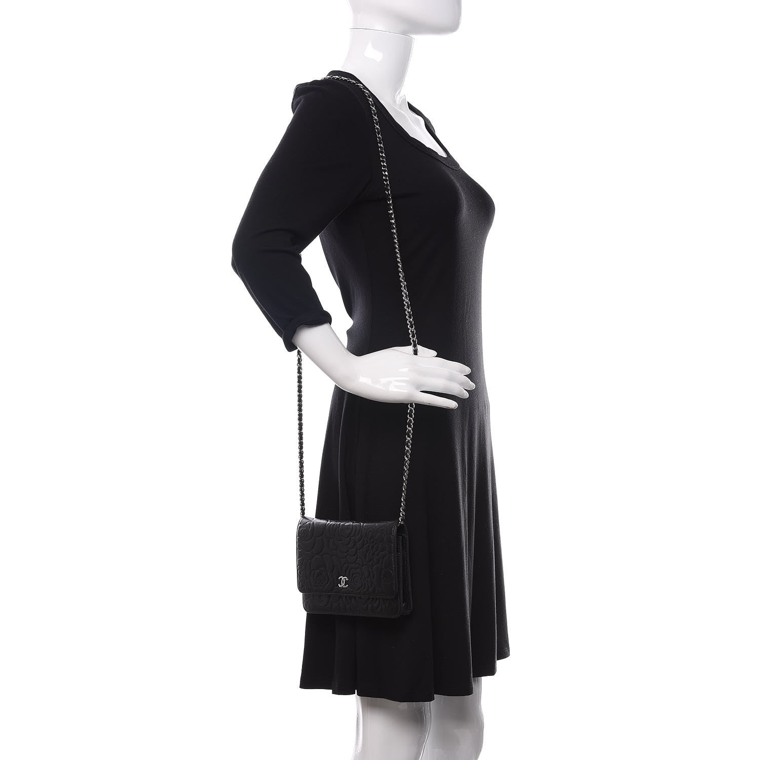 Chanel Lambskin Camellia Embossed Wallet on Chain WOC Black 2 of 13