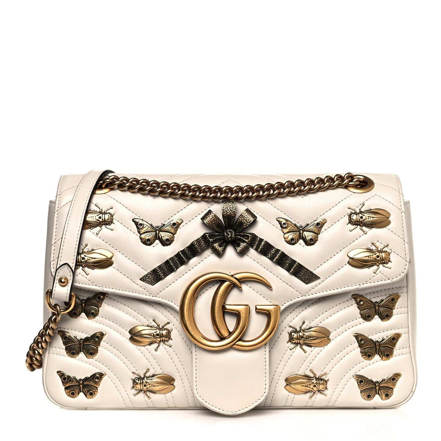 Calfskin Matelasse Animal Studs Medium GG Marmont Shoulder Bag Mystic White