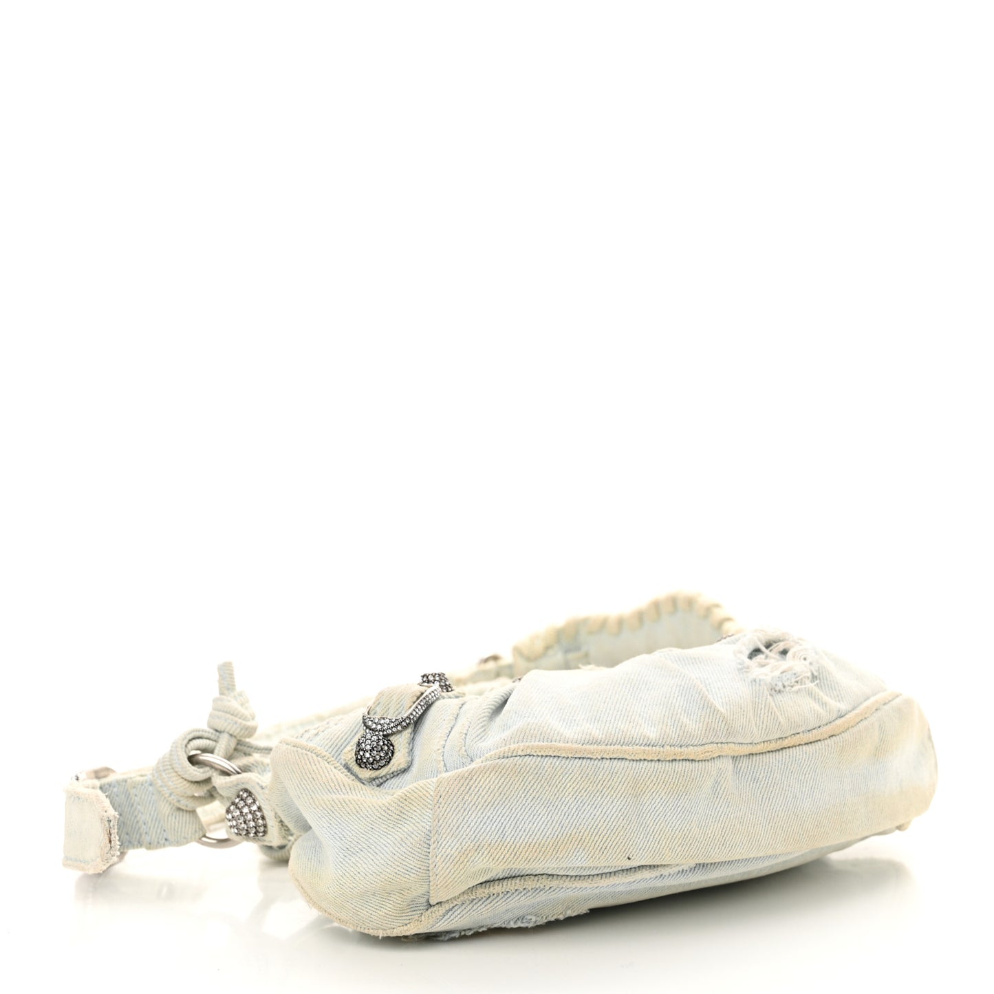 Washed Frayed Denim Crystal XS Le Cagole Shoulder Bag Pale Blue