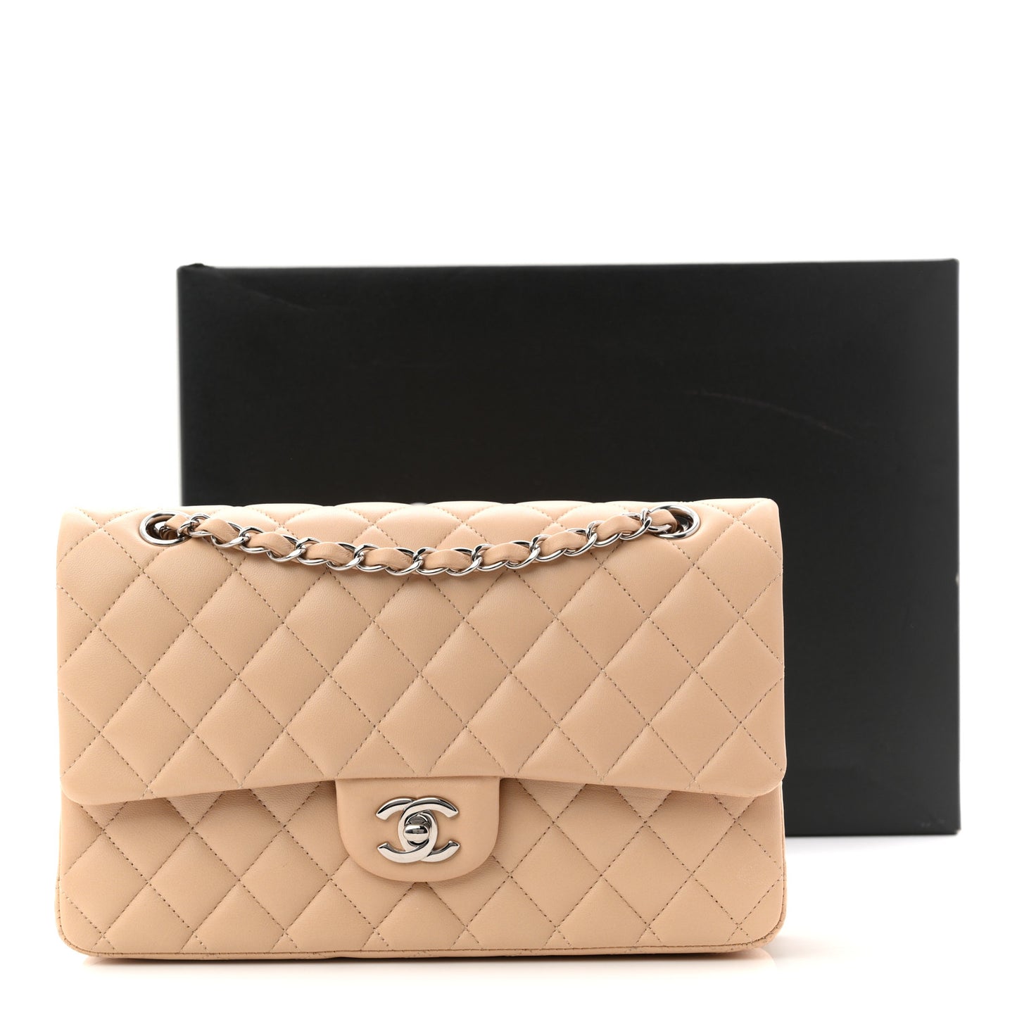 Lambskin Quilted Medium Double Flap Beige