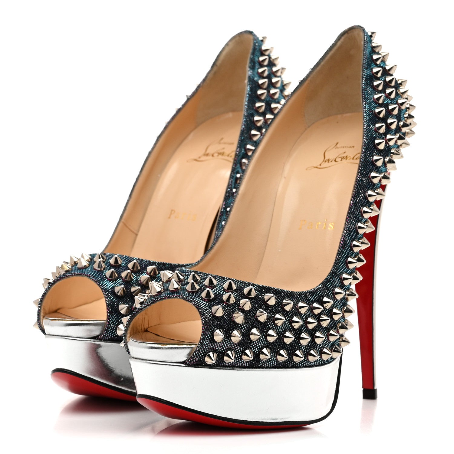 Christian Louboutin Lame Satin Lady Peep Spikes 150 Pumps 39 Turquoise Violet Silver 4 of 9