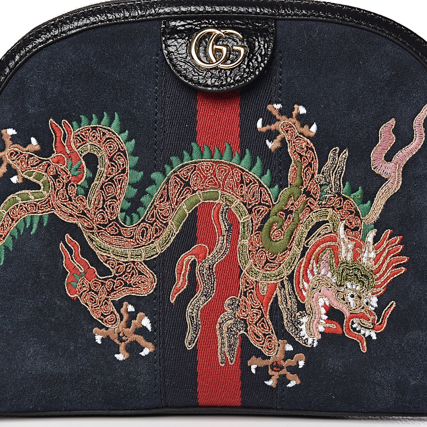 Suede Patent Dragon Embroidered Small Ophidia Dome Shoulder Bag Blue Multicolor Black