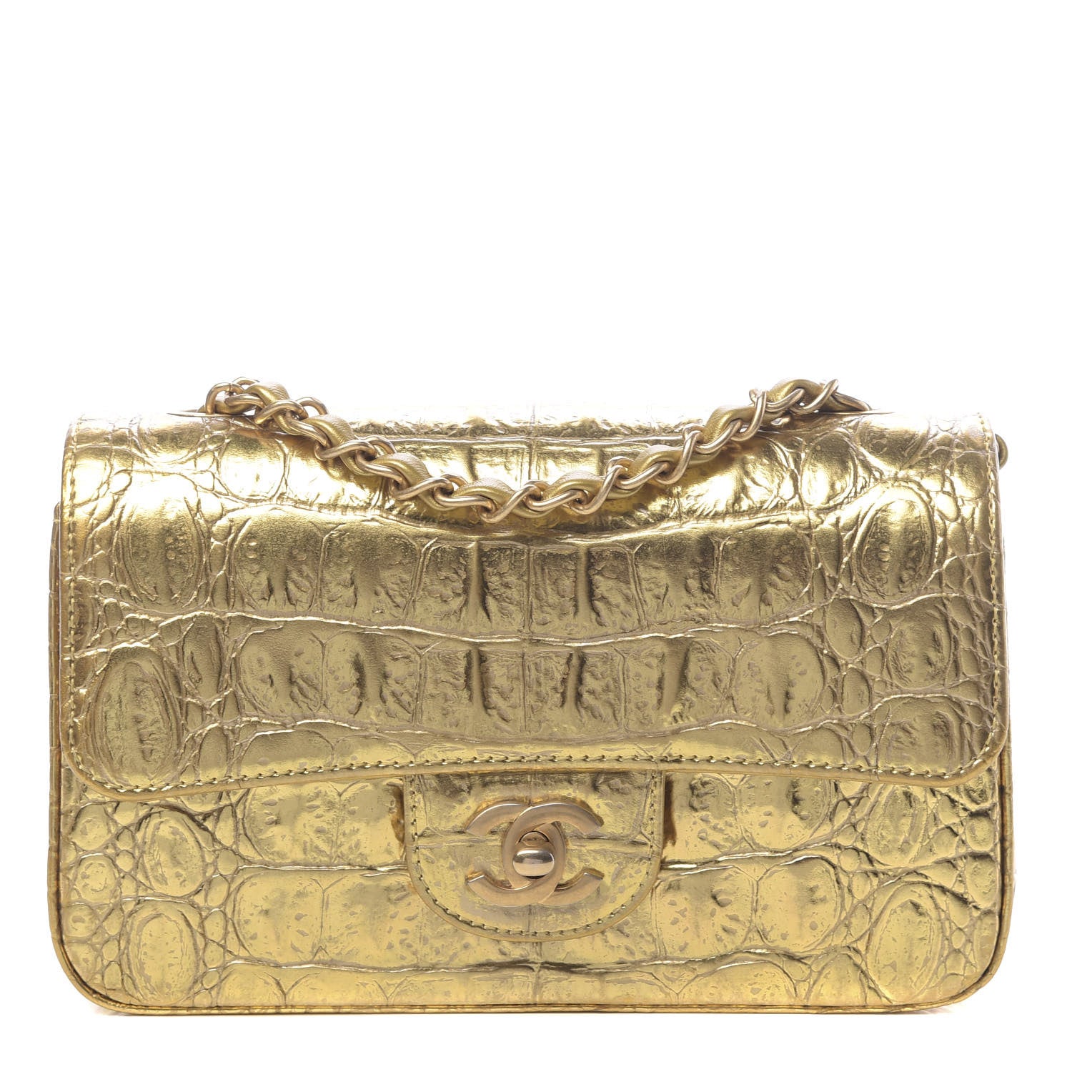 Chanel Metallic Calfskin Crocodile Embossed Cocodile Rectangular Mini Flap Gold 1 of 11