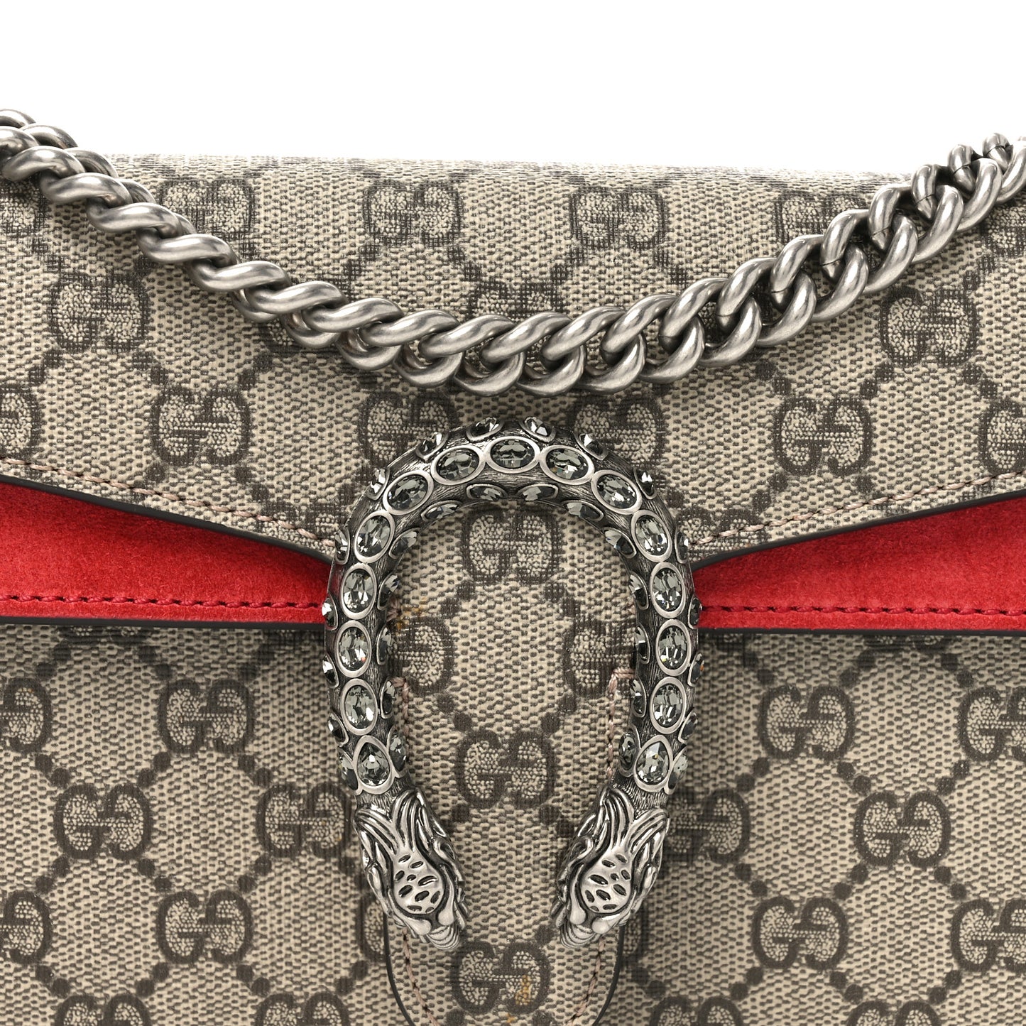 GG Supreme Monogram Suede Crystal Small Dionysus Shoulder Bag Beige Ebony Vulcanic Red