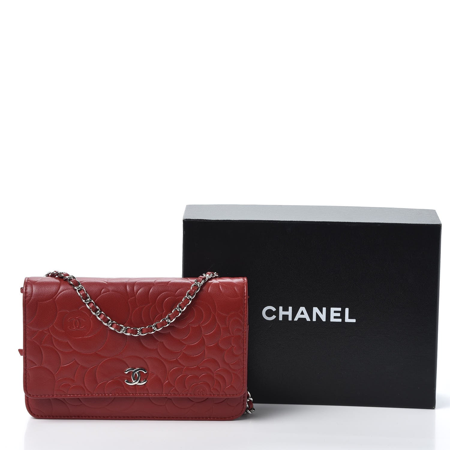 Chanel Lambskin Camellia Embossed Wallet On Chain WOC Red 11 of 11