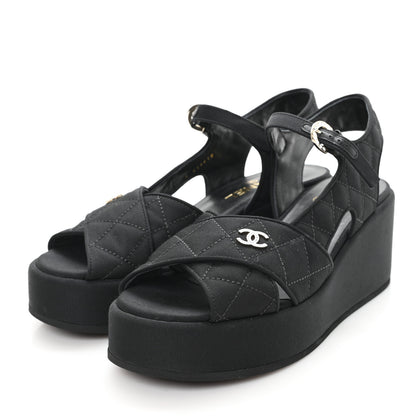 Chanel Grosgrain Quilted Crystal CC Platform Sandals 39.5 Black 4 of 10