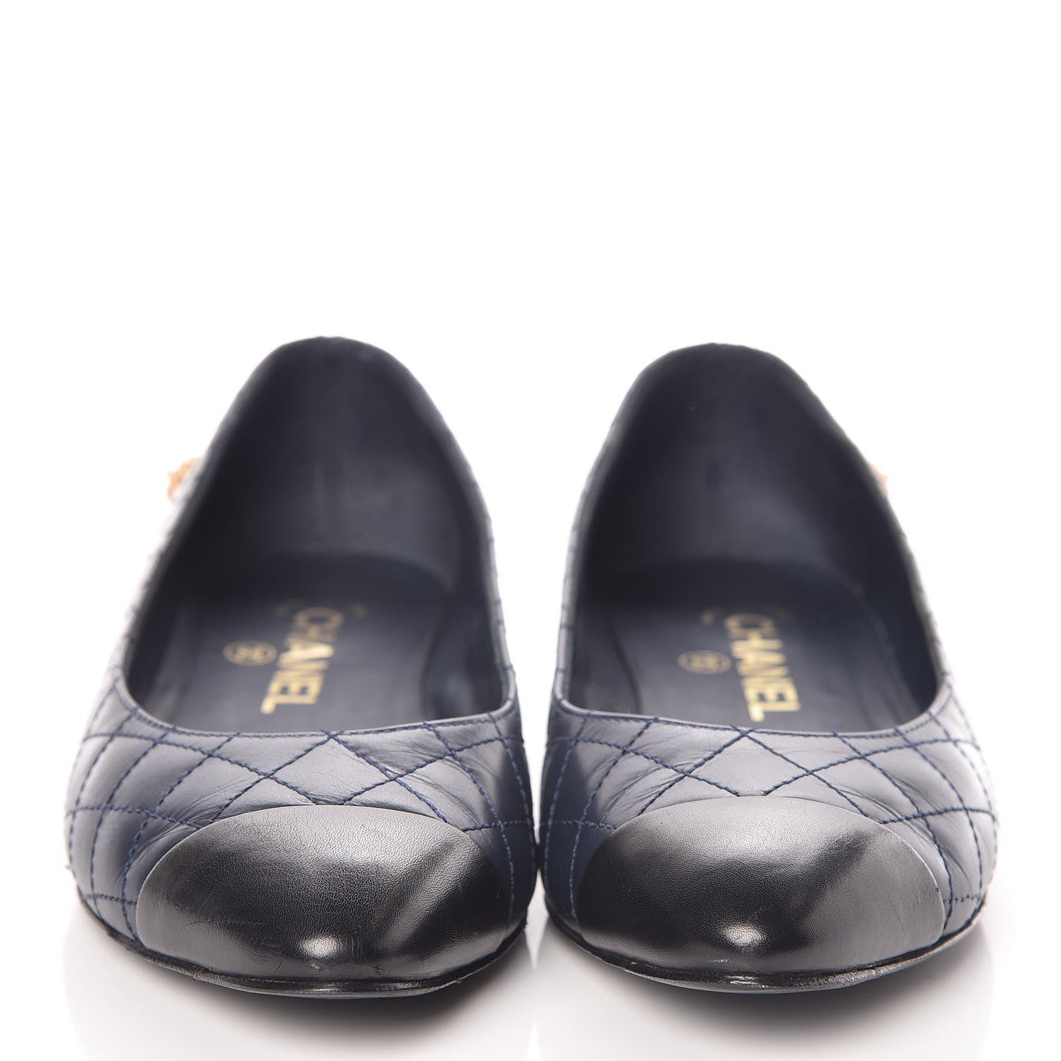 Chanel Aged Calfskin Quilted CC Cap Toe Ballerina Flats 37 Navy 2 of 14