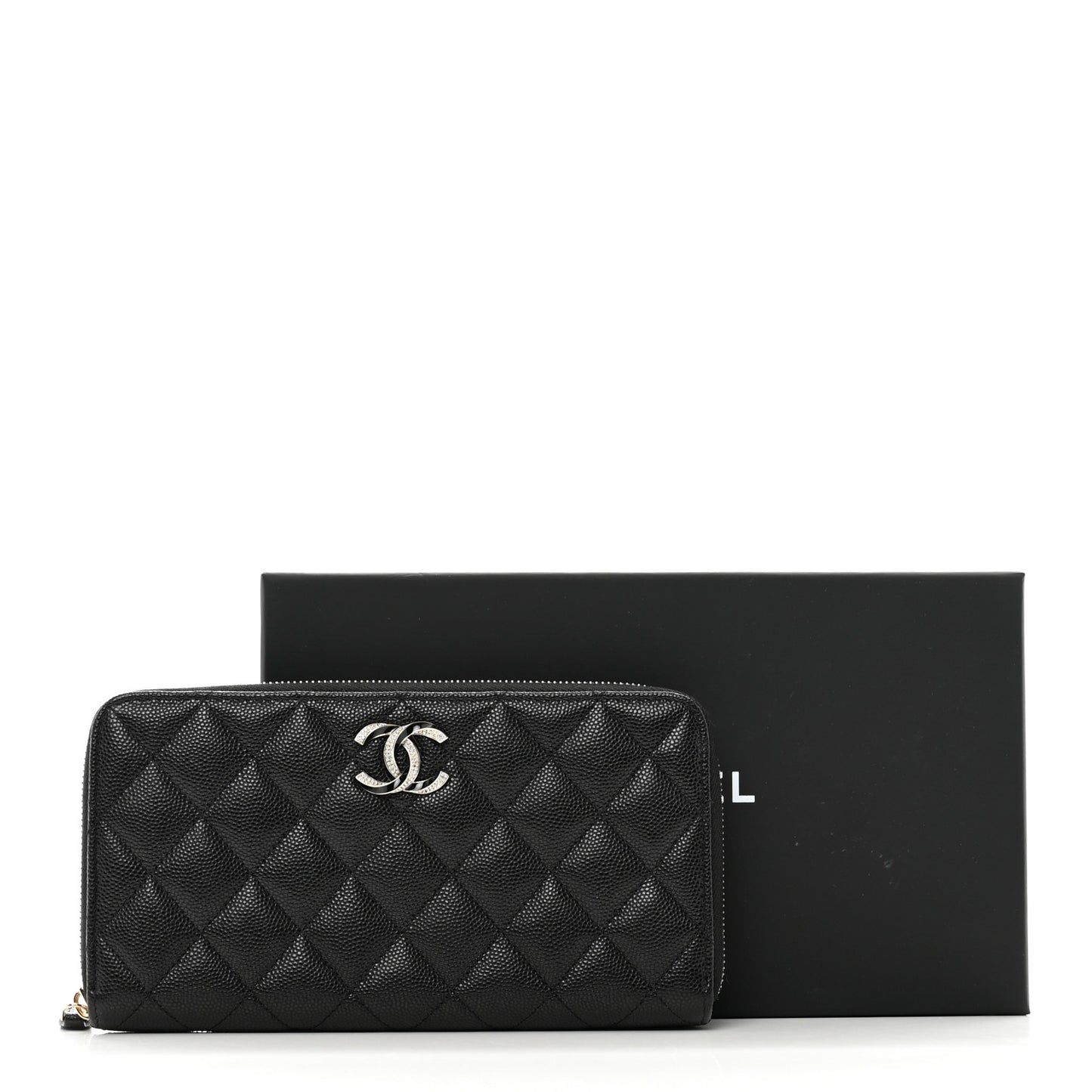 Caviar Quilted Crystal Enamel Large Gusset Zip Around Wallet Black