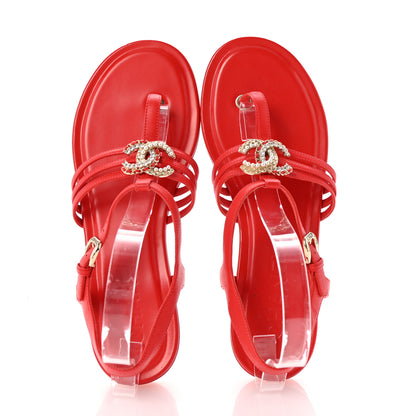 Chanel Lambskin Pearl Crystal CC Thong Sandals 38 Red 2 of 10