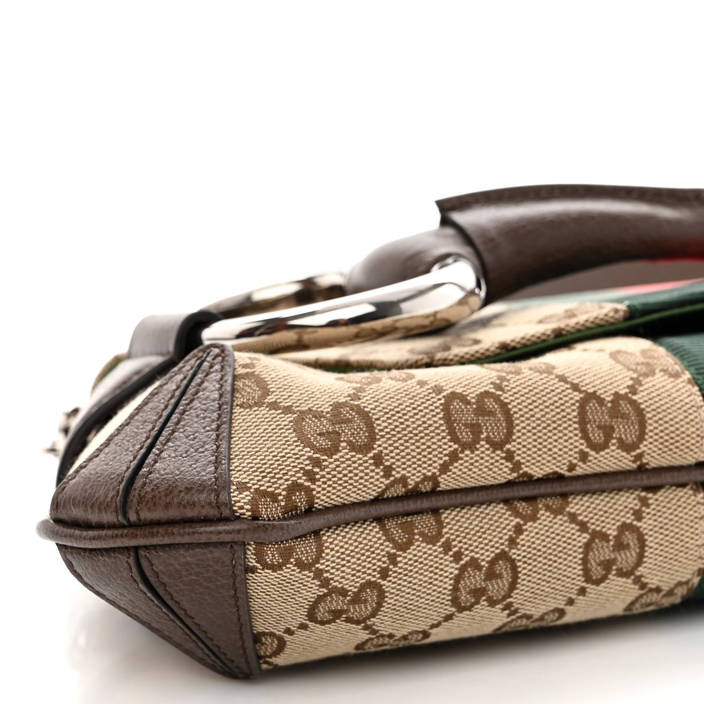 Monogram Textured Dollar Calfskin Heavy Grosgrain Web Medium Maxi Horsebit Chain Shoulder Bag Beige Ebony New Acero