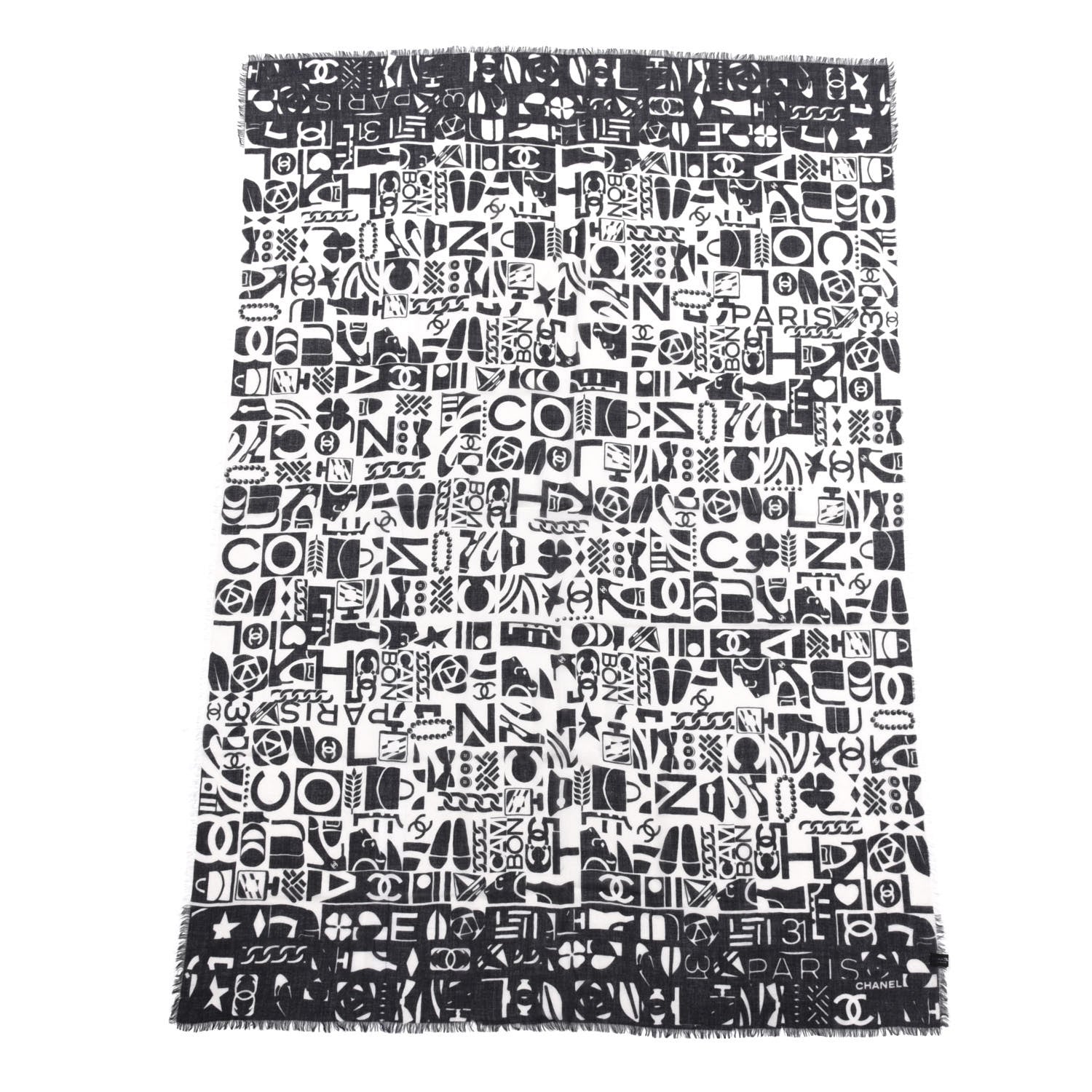 Chanel Cashmere Silk Scarf Shawl Black White 1 of 4