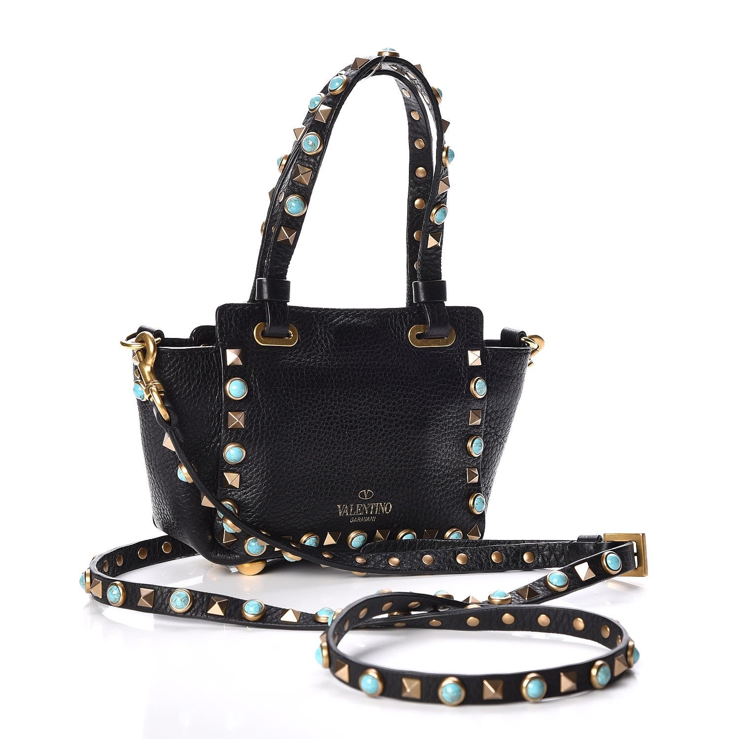 Valentino Garavani Grained Calfskin Turquoise Micro Rockstud Rolling Tote Black 3 of 8