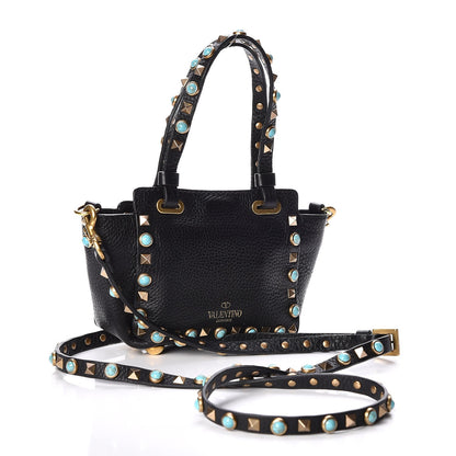 Valentino Garavani Grained Calfskin Turquoise Micro Rockstud Rolling Tote Black 3 of 8