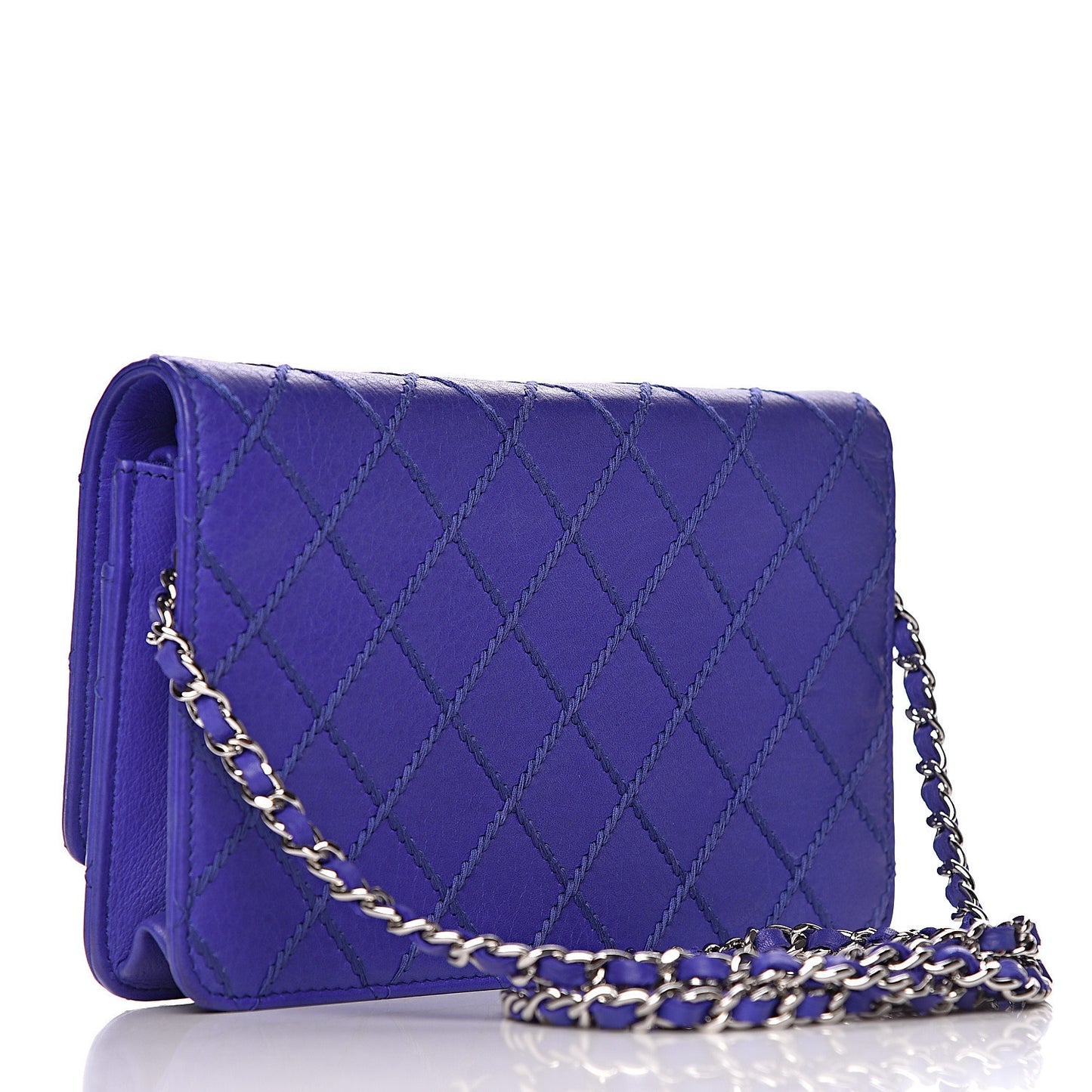Calfskin Quilted Fancy CC Wallet On Chain WOC Blue