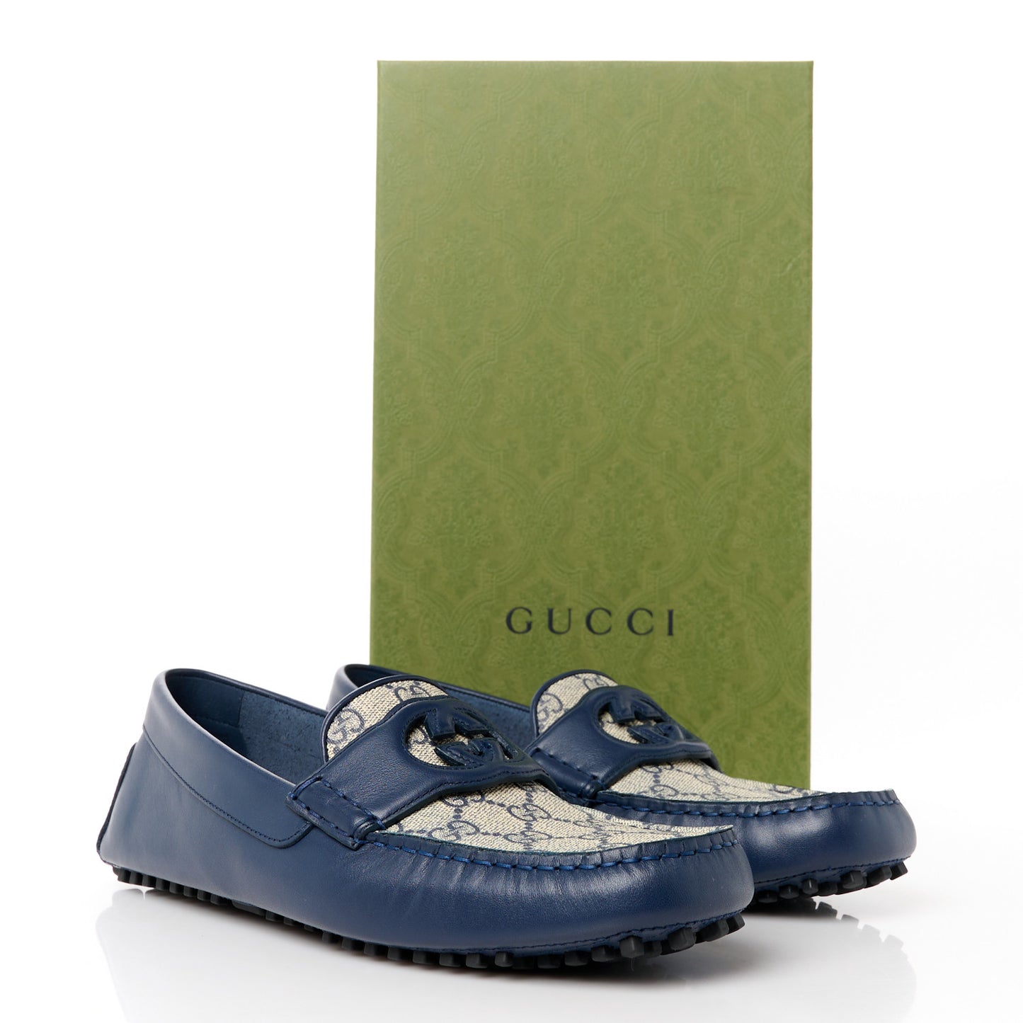 Soft Clove Calfskin GG Supreme Monogram Mens Interlocking G Driver Loafers 8.5 Blue Agata Beige