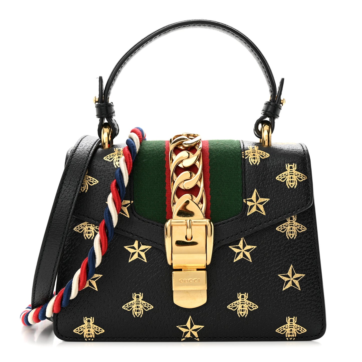 Textured Calfskin Bee Star Print Mini Sylvie Top Handle Bag Black