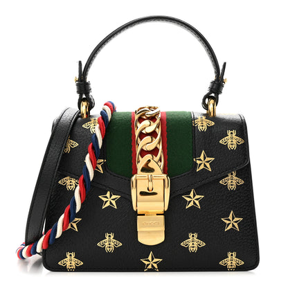 Gucci Textured Calfskin Bee Star Print Mini Sylvie Top Handle Bag Black 1 of 13
