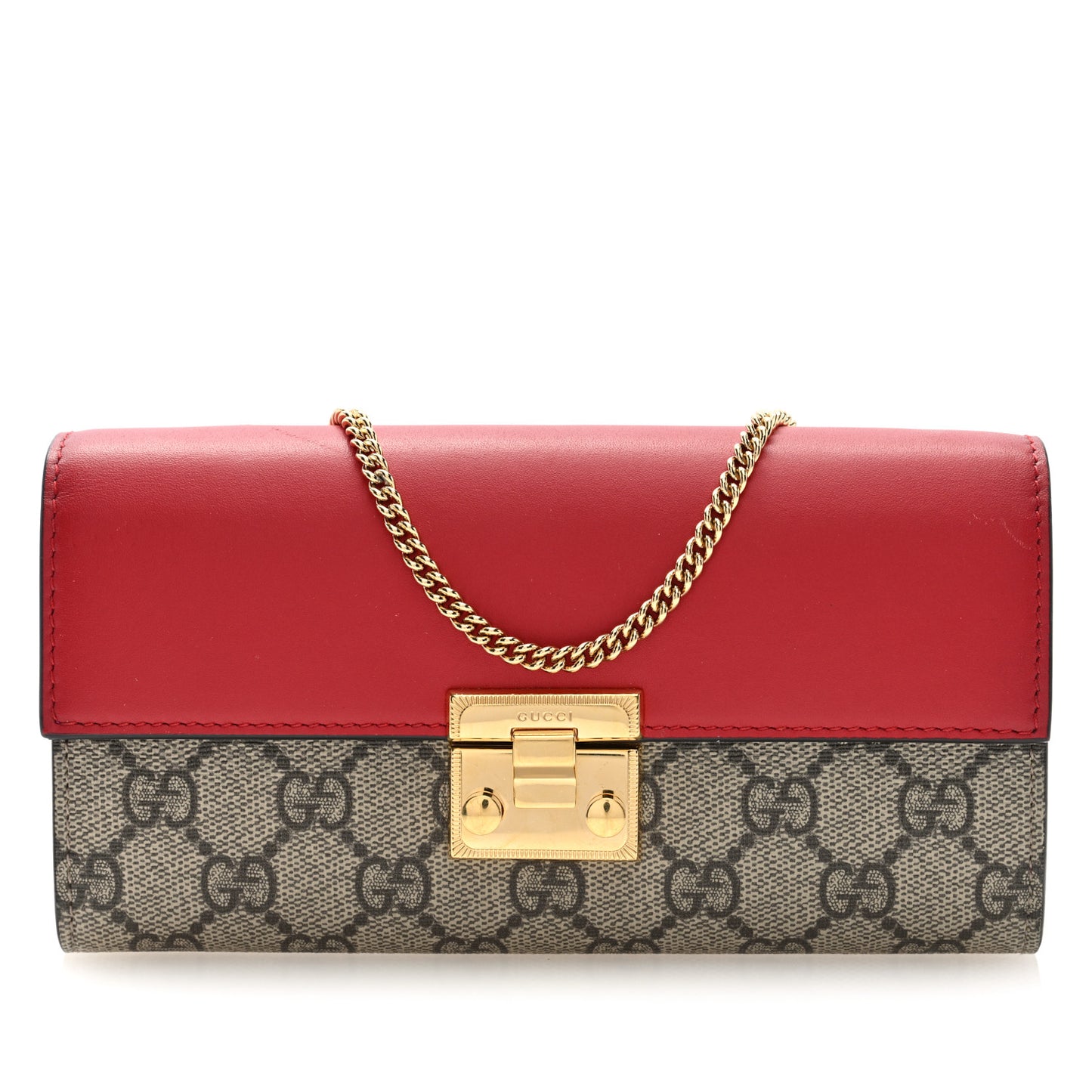 GG Supreme Monogram Moon Calfskin Padlock Continental Chain Wallet Beige Ebony Hibiscus Red New Rosette