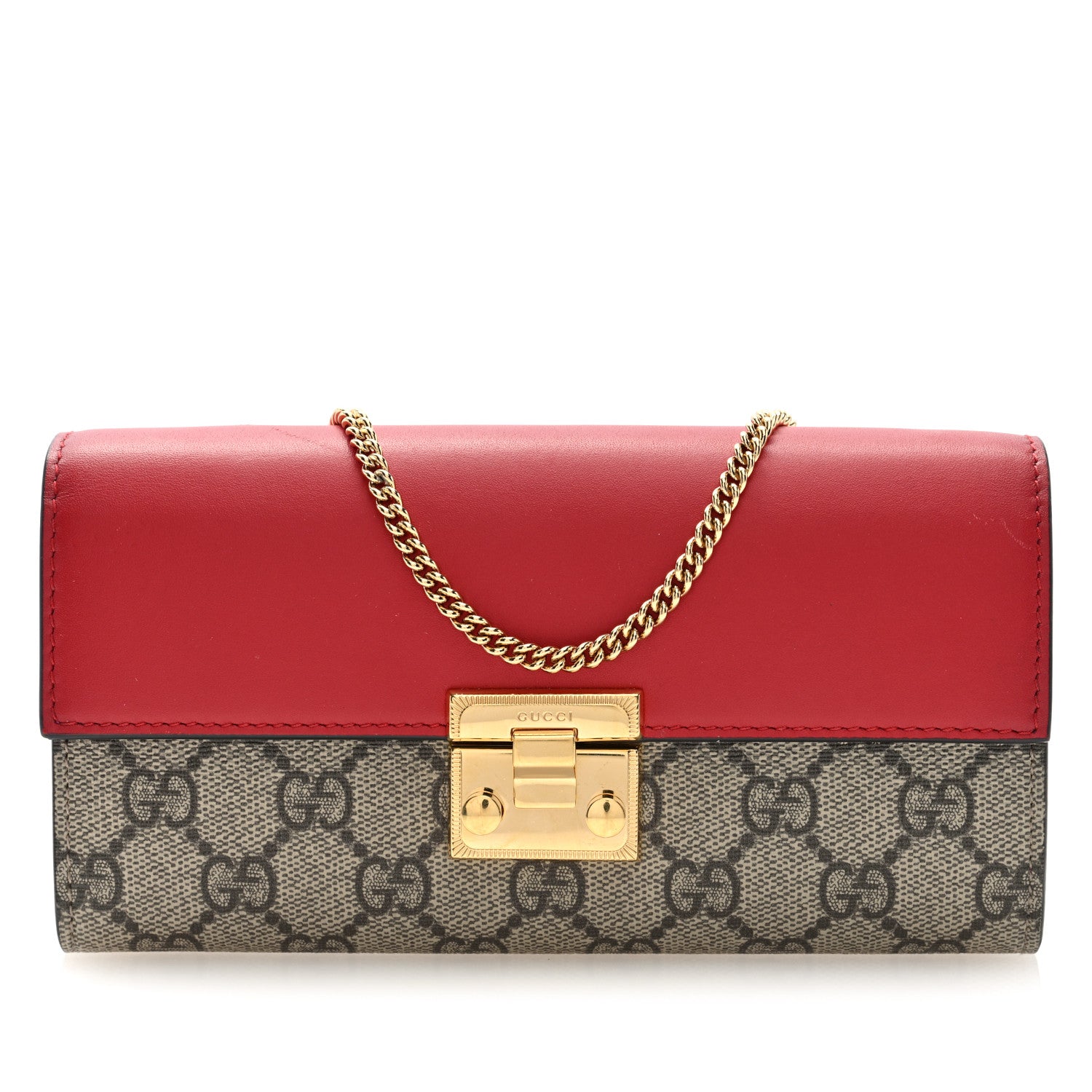 Gucci GG Supreme Monogram Moon Calfskin Padlock Continental Chain Wallet Beige Ebony Hibiscus Red New Rosette 1 of 9