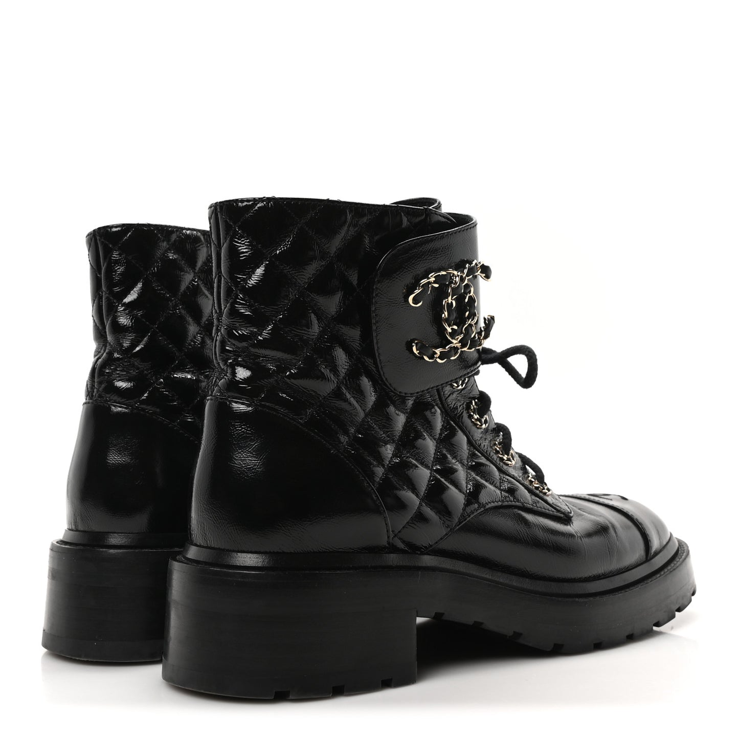 Shiny Calfskin Quilted Lace Up Combat Boots 39 Black