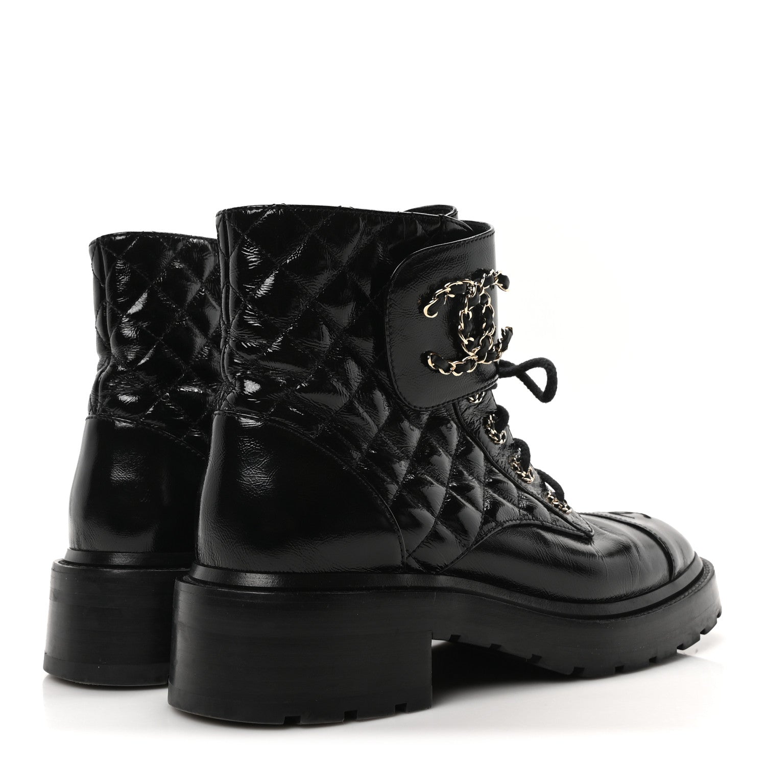 Chanel Shiny Calfskin Quilted Lace Up Combat Boots 39 Black 5 of 9