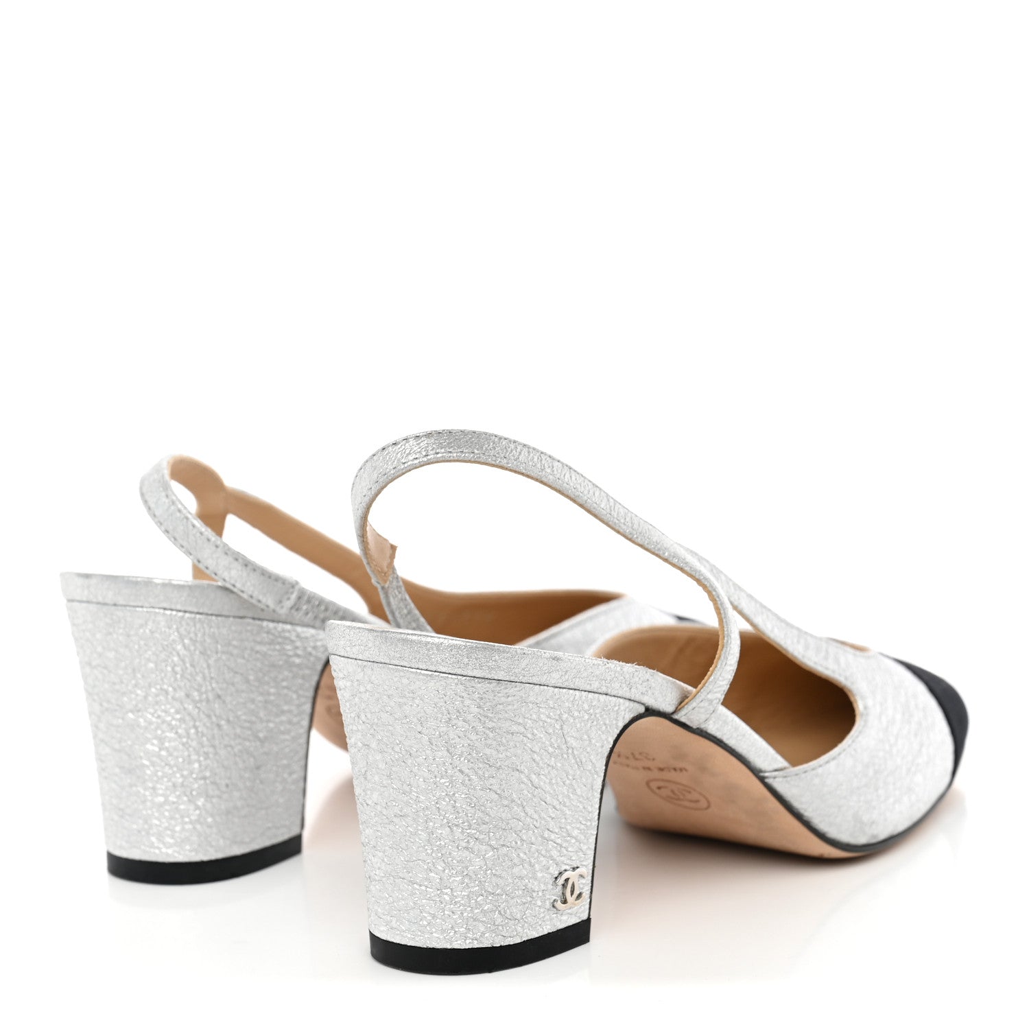 Chanel Metallic Lambskin Grosgrain Cap Toe CC Slingback Sandals 37.5 Black Silver 3 of 14