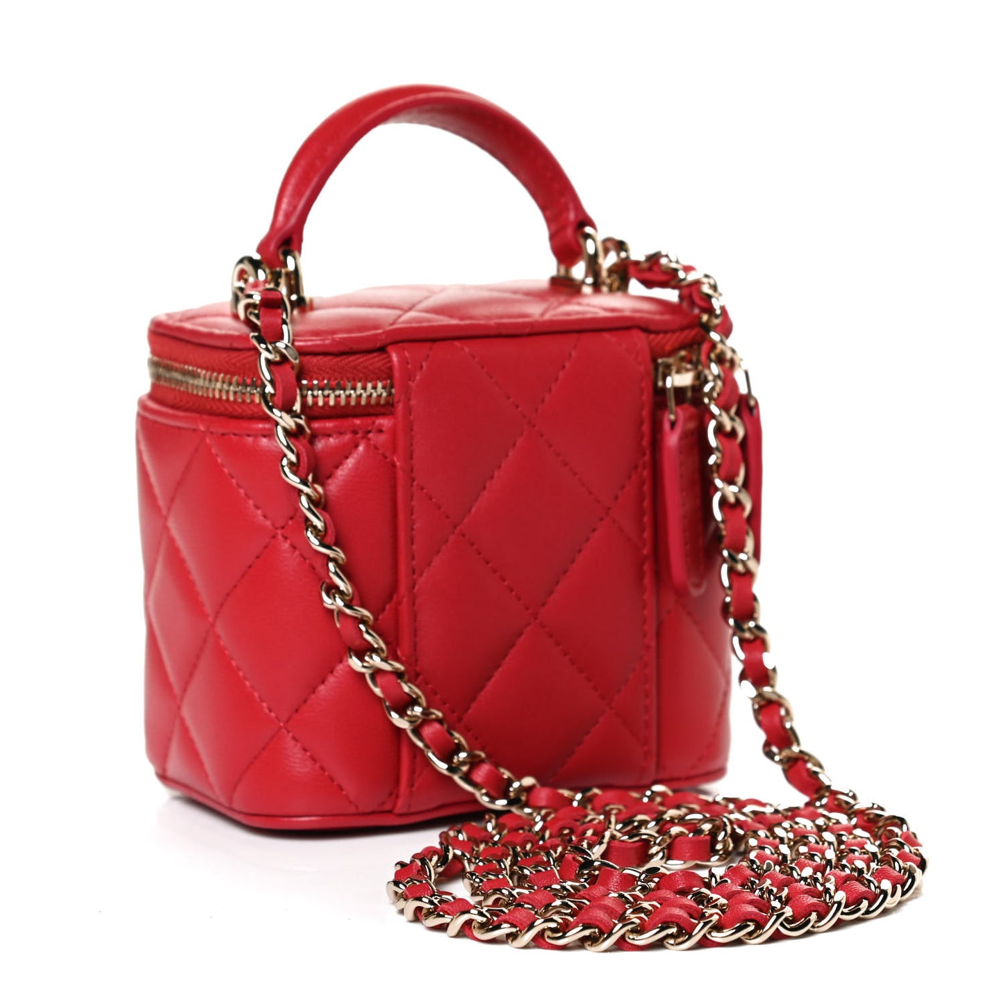 Lambskin Quilted Top Handle Mini Vanity Case With Chain Red