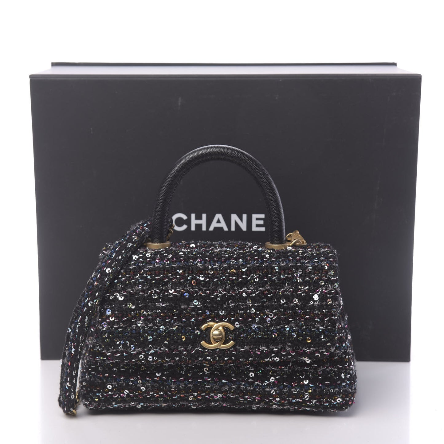 Tweed Sequin Mini Coco Handle Flap Black