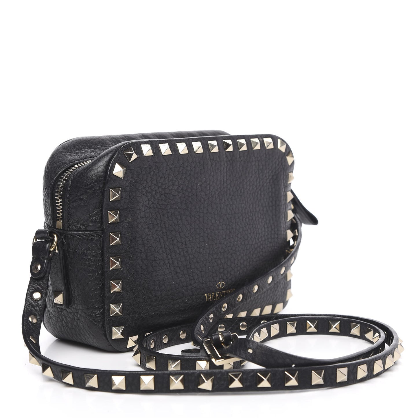 Pebbled Calfskin Rockstud Camera Crossbody Bag Black