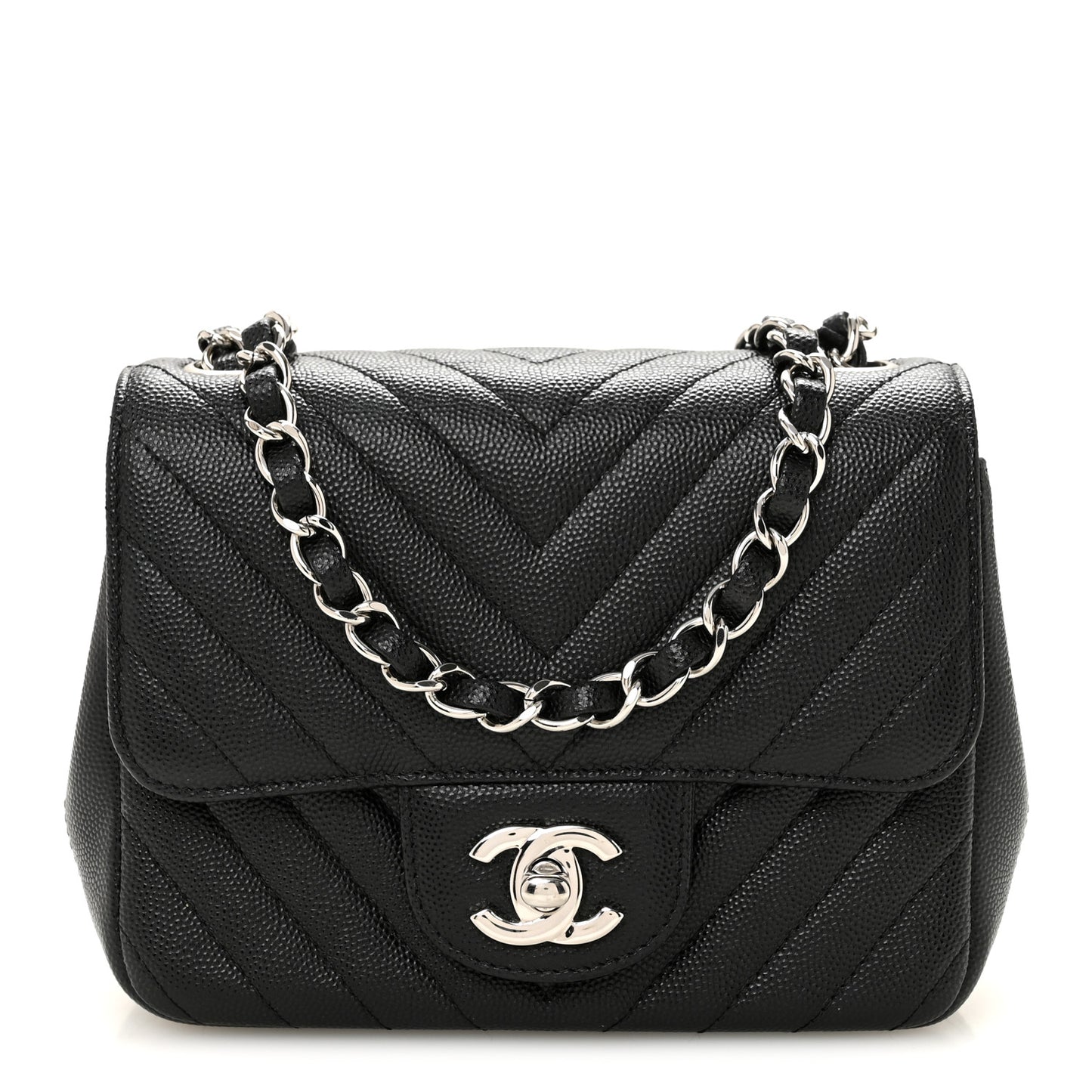 Caviar Chevron Quilted Mini Square Flap Black