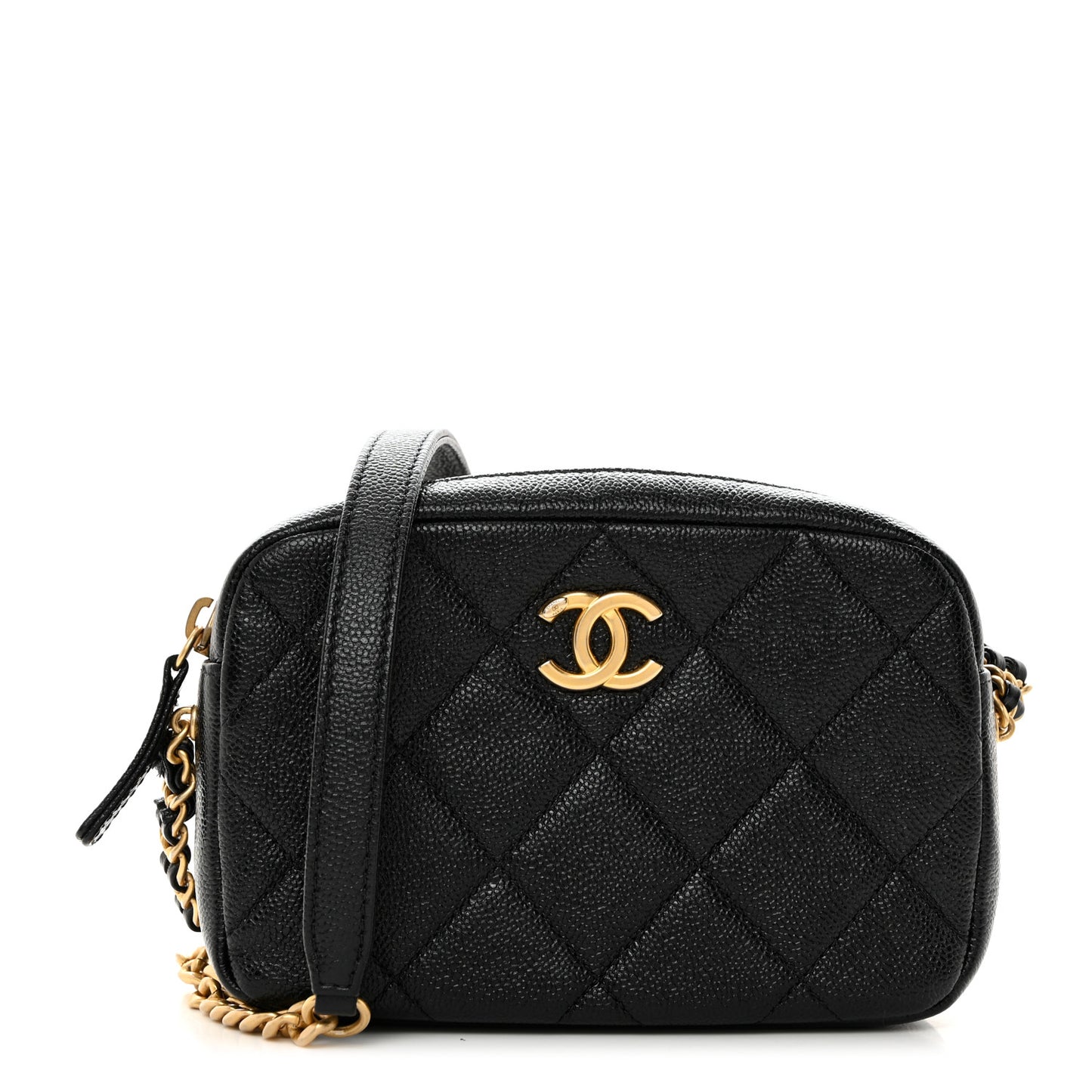 Shiny Caviar Quilted Chain Melody Camera Bag Black