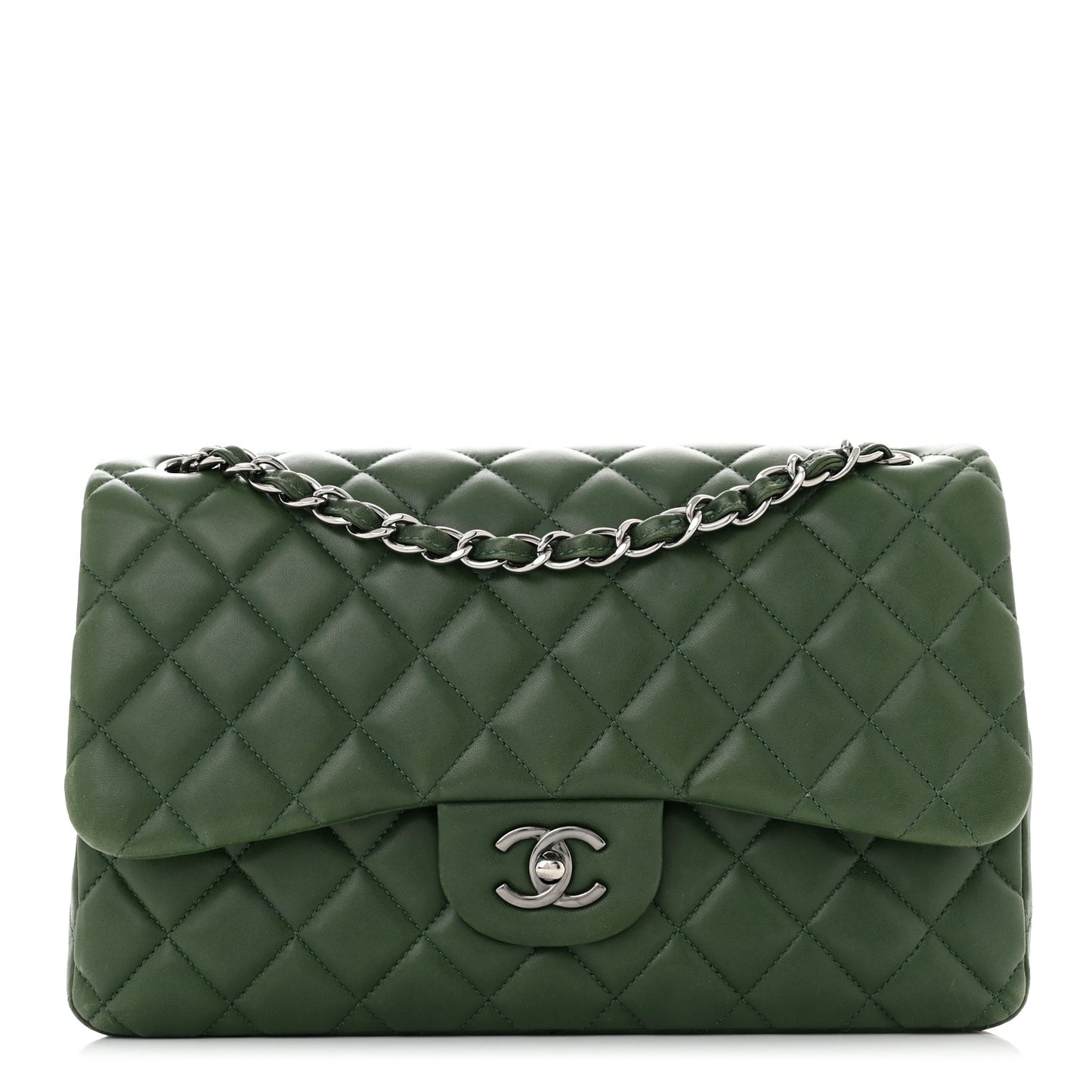 Lambskin Quilted Jumbo Double Flap Green