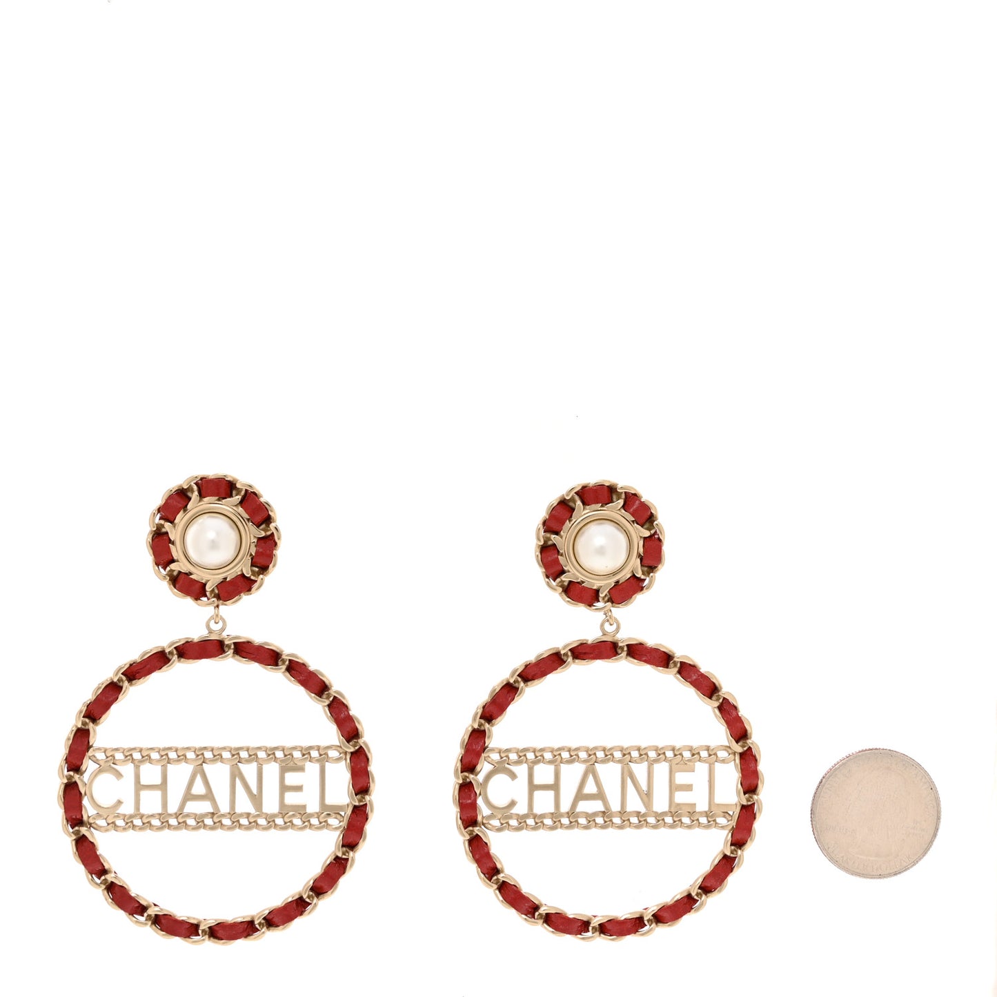 Pearl Lambskin Chain Logo Hoop Clip On Earrings Red Gold