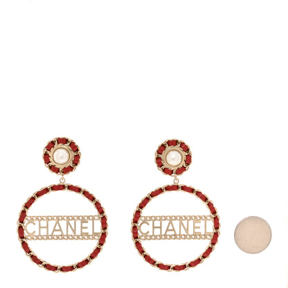 Chanel Pearl Lambskin Chain Logo Hoop Clip On Earrings Red Gold 2 of 4