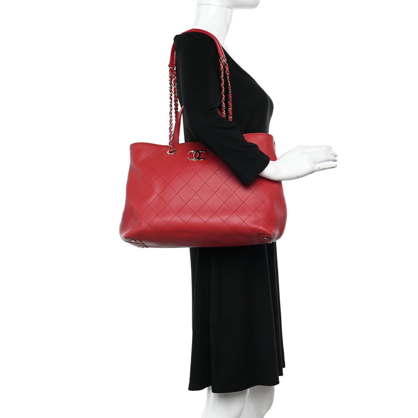 Calfskin Stitch Medium Ring My Bag Shopping Tote Red