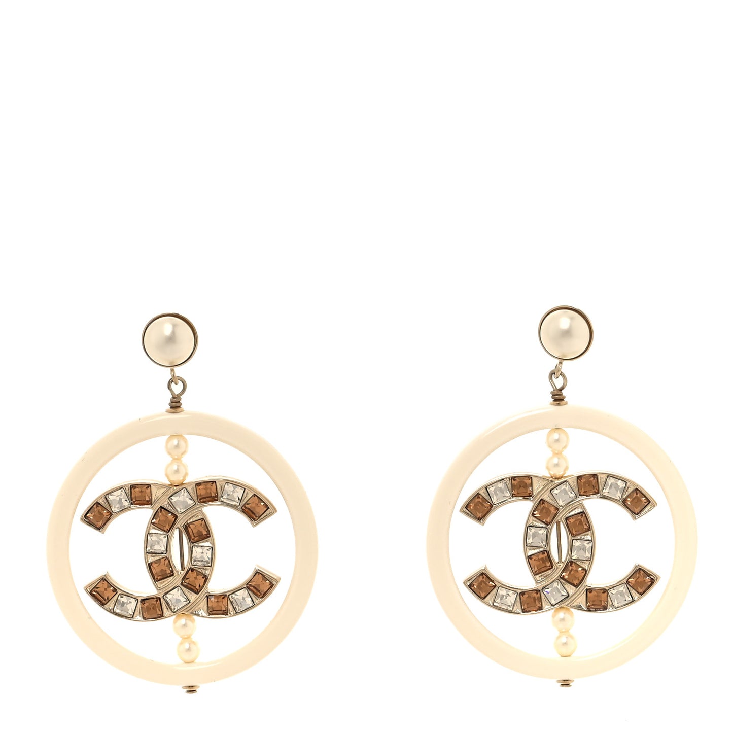 Resin Crystal Baguette Pearl CC Drop Hoop Earrings Gold White