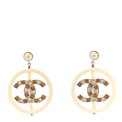 Chanel Resin Crystal Baguette Pearl CC Drop Hoop Earrings Gold White 1 of 5