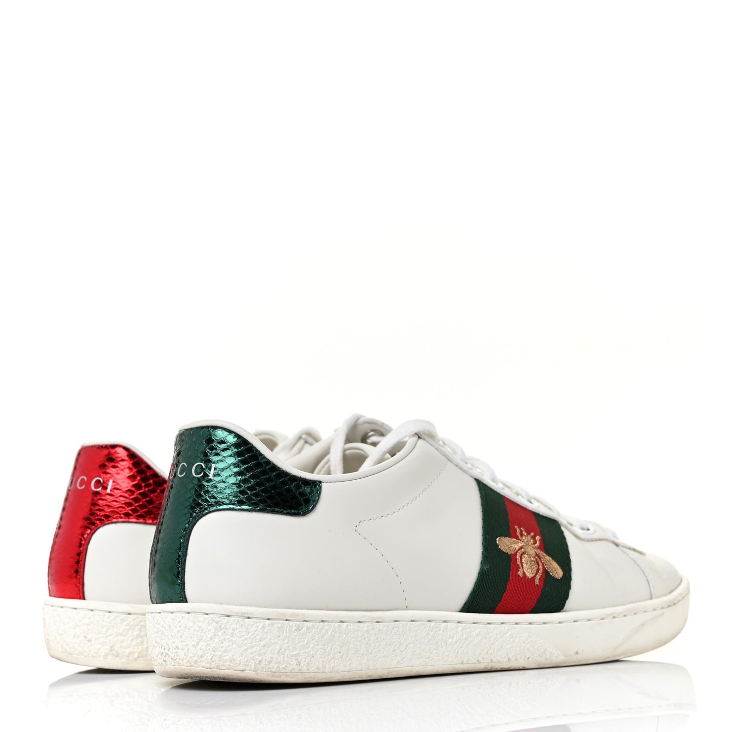 Calfskin Ayers Bee Embroidered Womens Ace Sneakers 36 White Green
