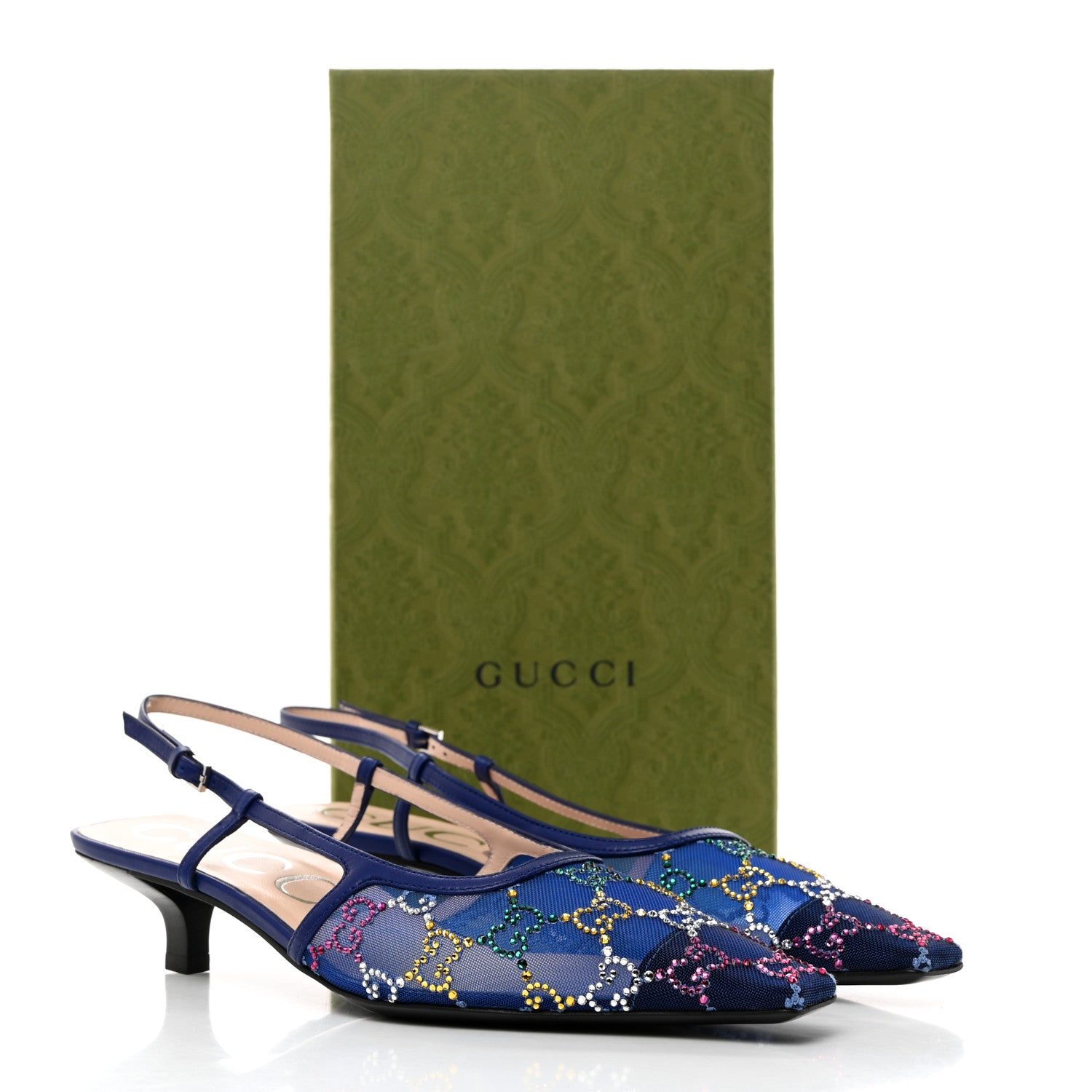 Gucci Tela Retino Nappa Charlotte Crystal GG Monogram Square G 35mm Slingback Pumps 38 Splash Net Blue Witch 8 of 8
