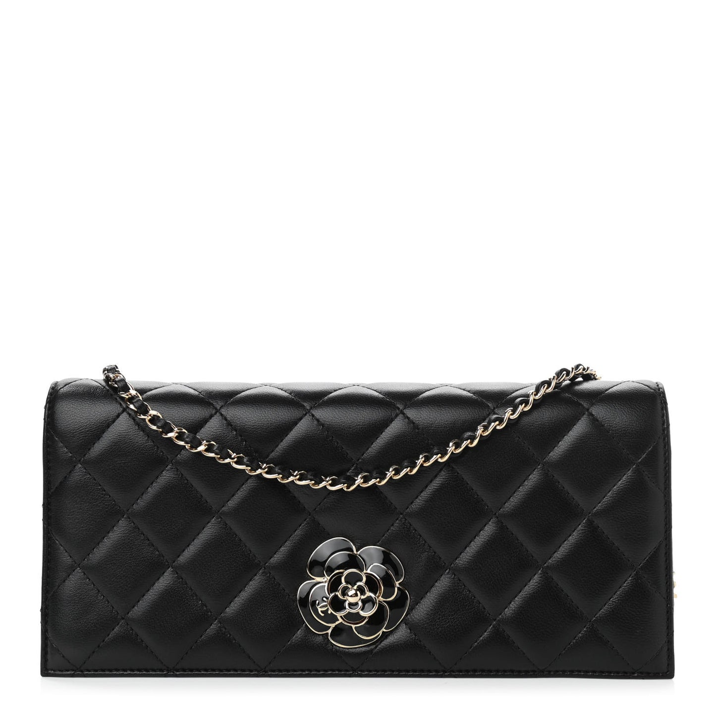 Lambskin Enamel Camellia Clutch With Chain Black