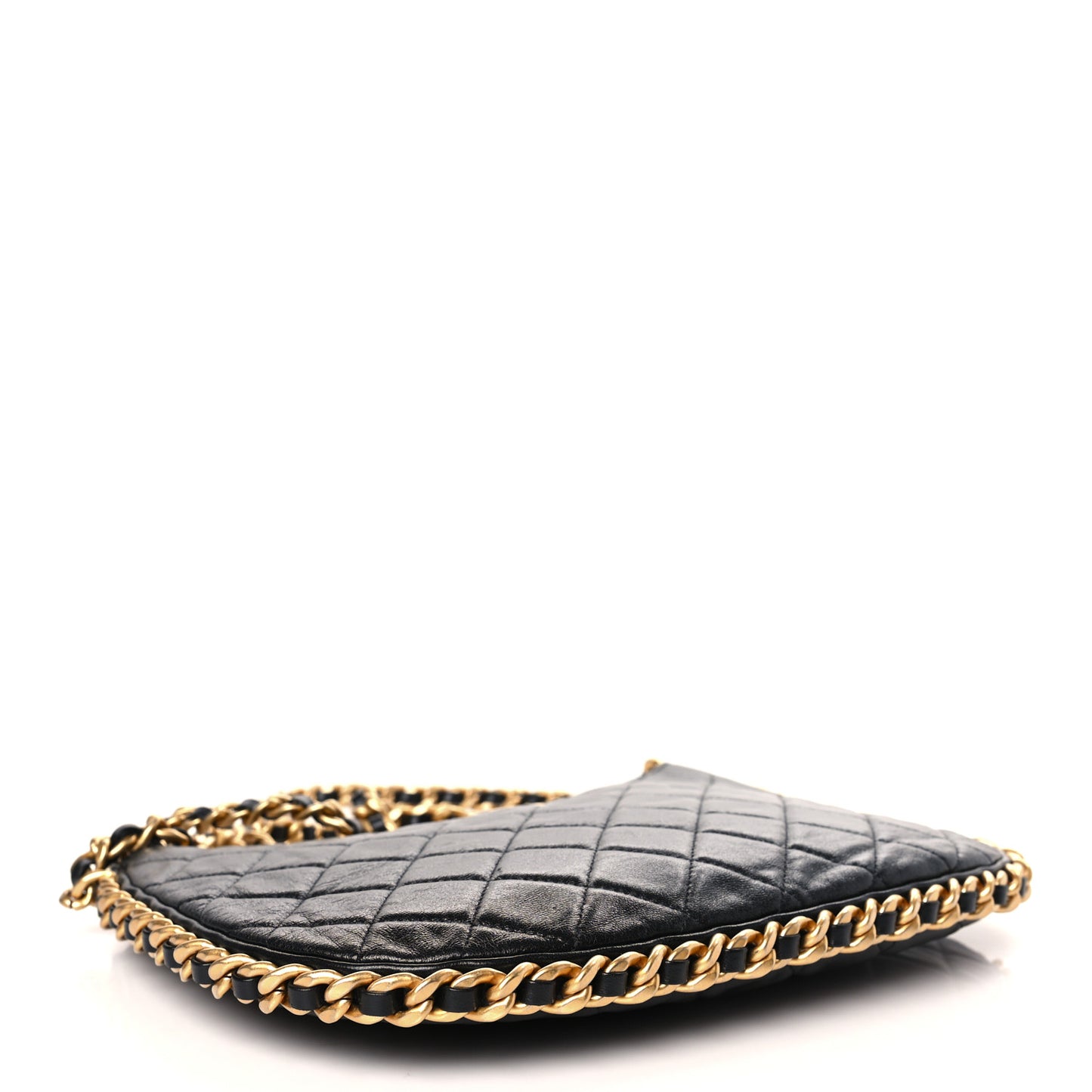 Shiny Crumpled Lambskin Quilted Large Trendy Chain Around Hobo Black