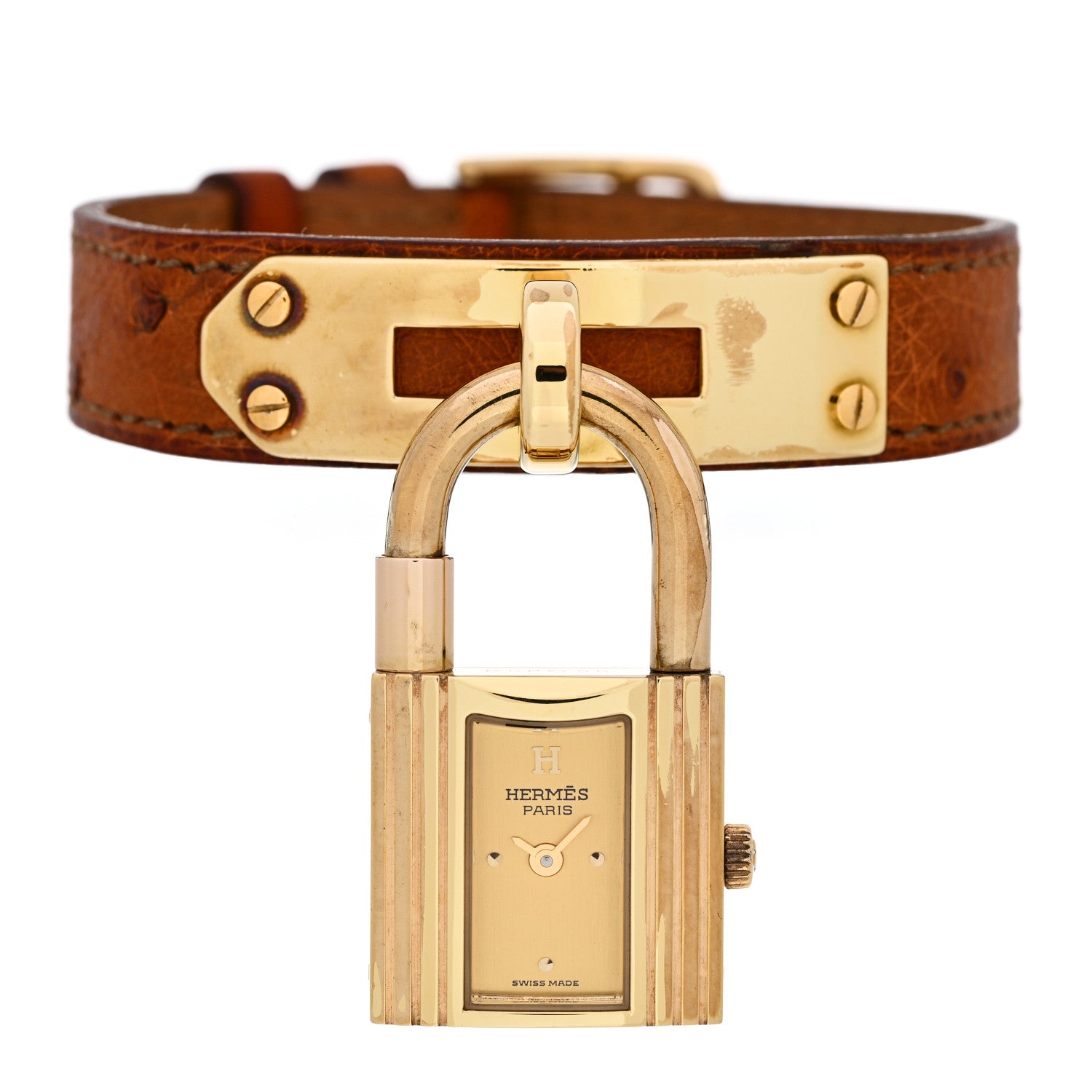 Hermes Stainless Steel Ostrich 20mm Kelly Cadena Quartz Watch Gold 1 of 8