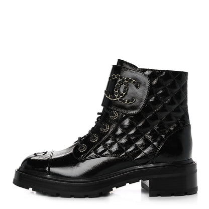 Chanel Shiny Calfskin Quilted Lace Up Combat Boots 39.5 Black 1 of 9