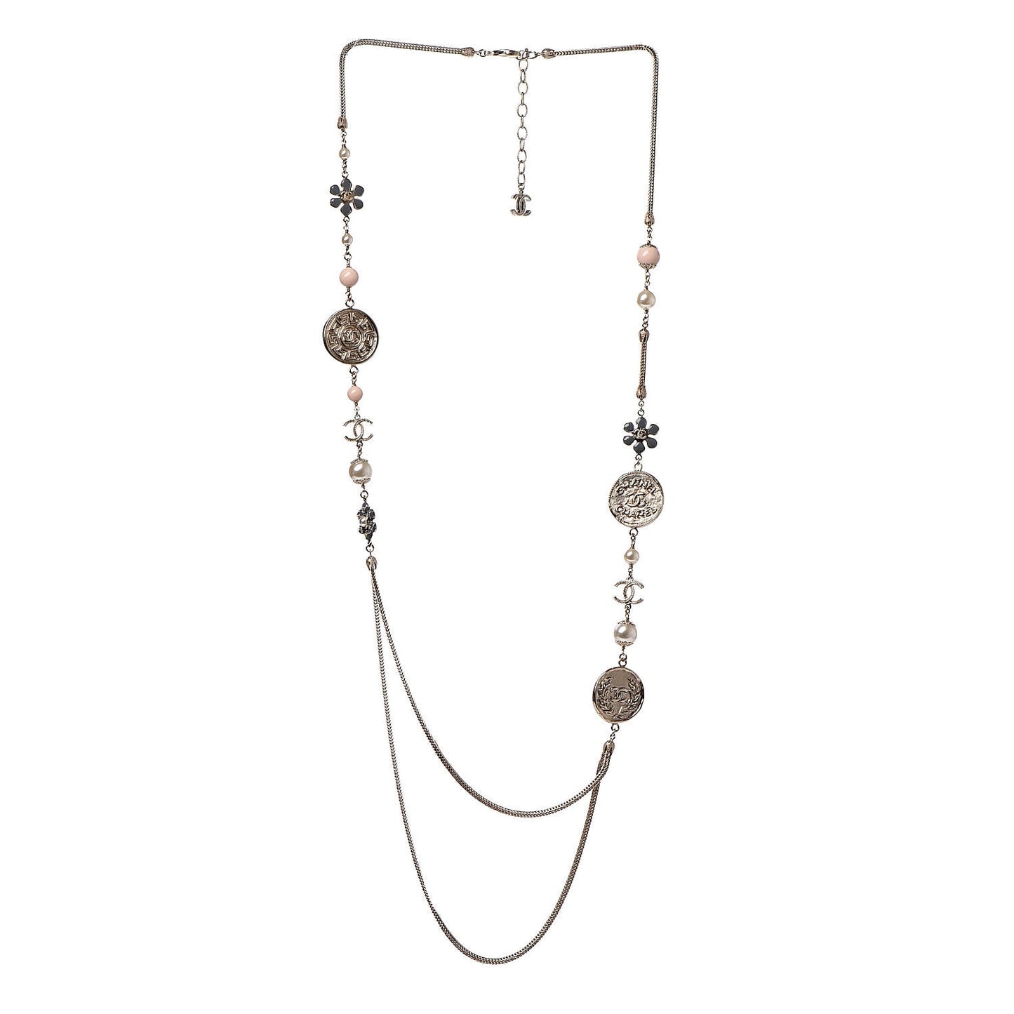 Resin Pearl CC Flower Coin Long Necklace Gold